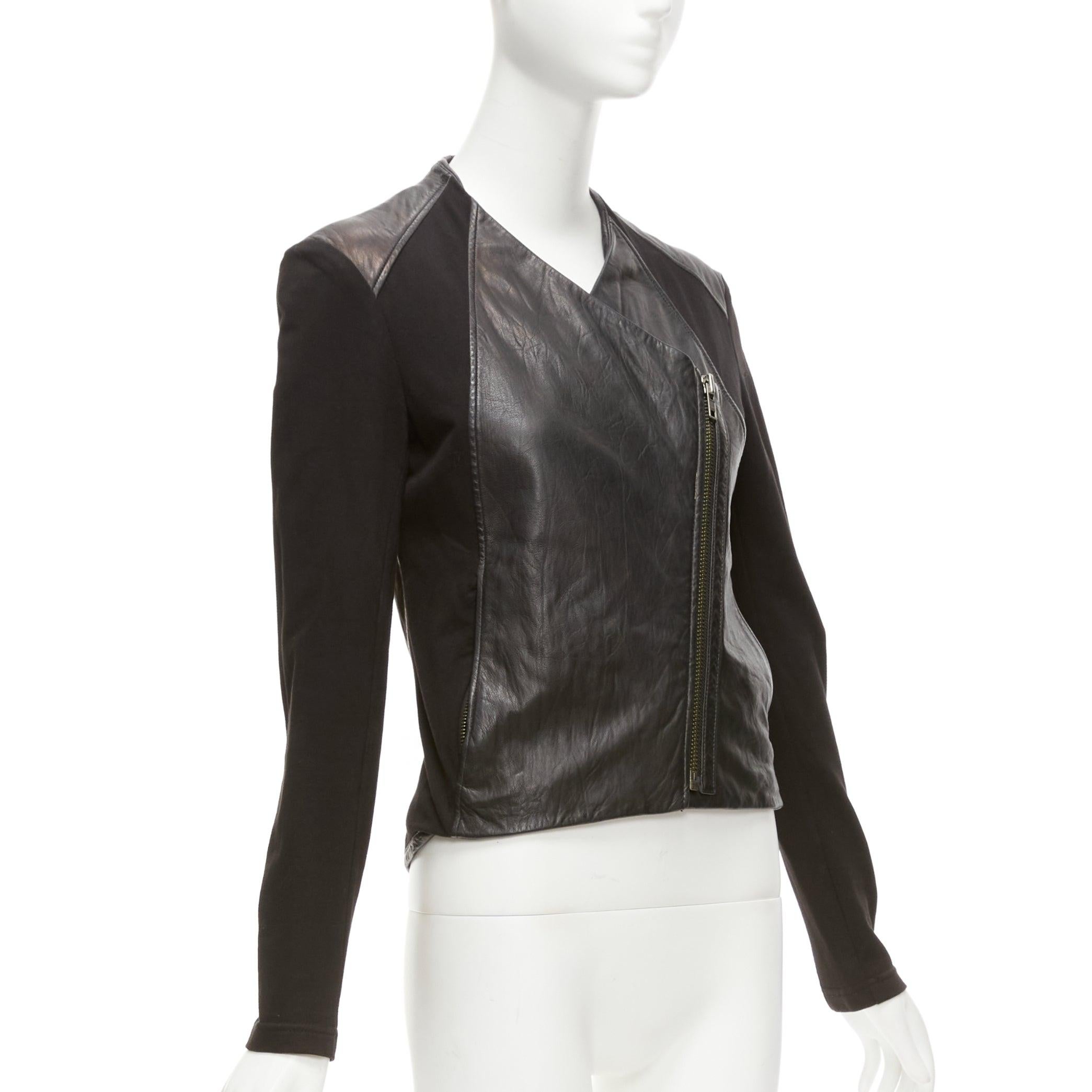Women's HELMUT LANG HELMUT black lambskin leather cotton sleeves asymmetric biker S For Sale