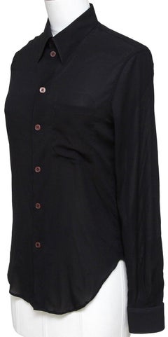 HELMUT LANG Long Sleeve Black Blouse Shirt Silk Blend Button Down Collar Sz 38