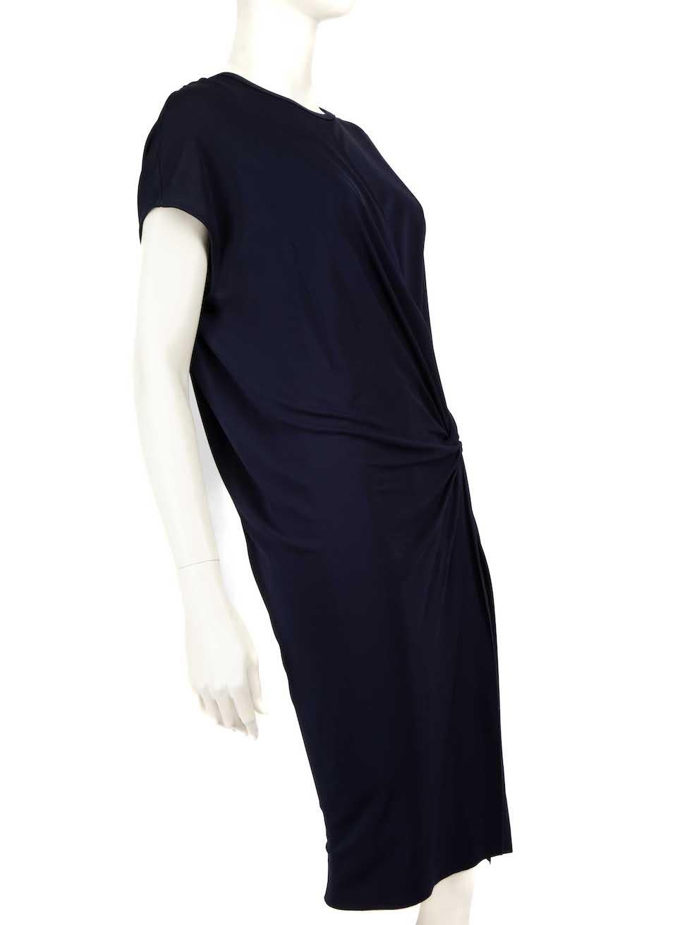 CONDITION is Very good. Minimal wear to dress is evident. Minimal wear to the left underarm and the front skirt with discolouration on this used Helmut Lang designer resale item.
 
 Details
 Navy
 Viscose
 Mini dress
 Asymmetric accent
 Round