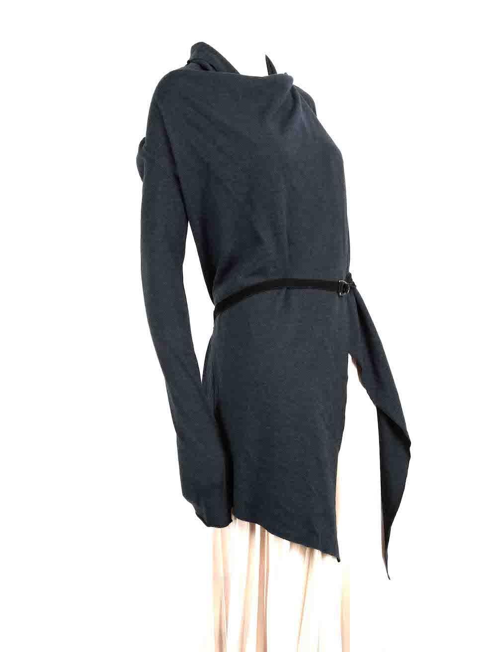 CONDITION is Very good. Hardly any visible wear to knit is evident on this used Helmut Lang designer resale item.
 
 Details
 Navy
 Wool
 Draped detail
 Leather trim with hook fastening
 Suede belt
 Long sleeves
 
 
 Made in USA
 
 Composition
 100%