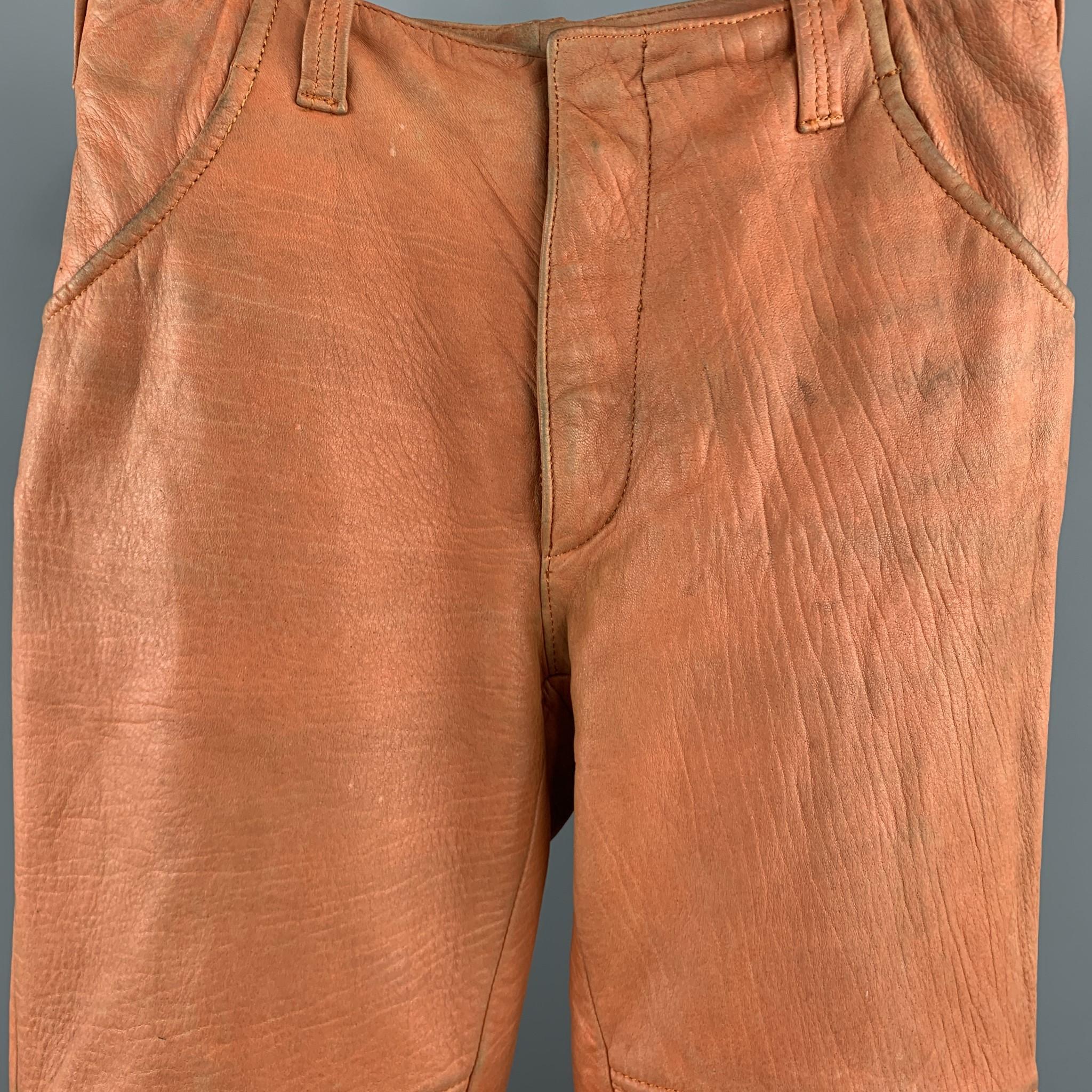 Women's or Men's HELMUT LANG Orange Distressed Leather Biker Casual Pants