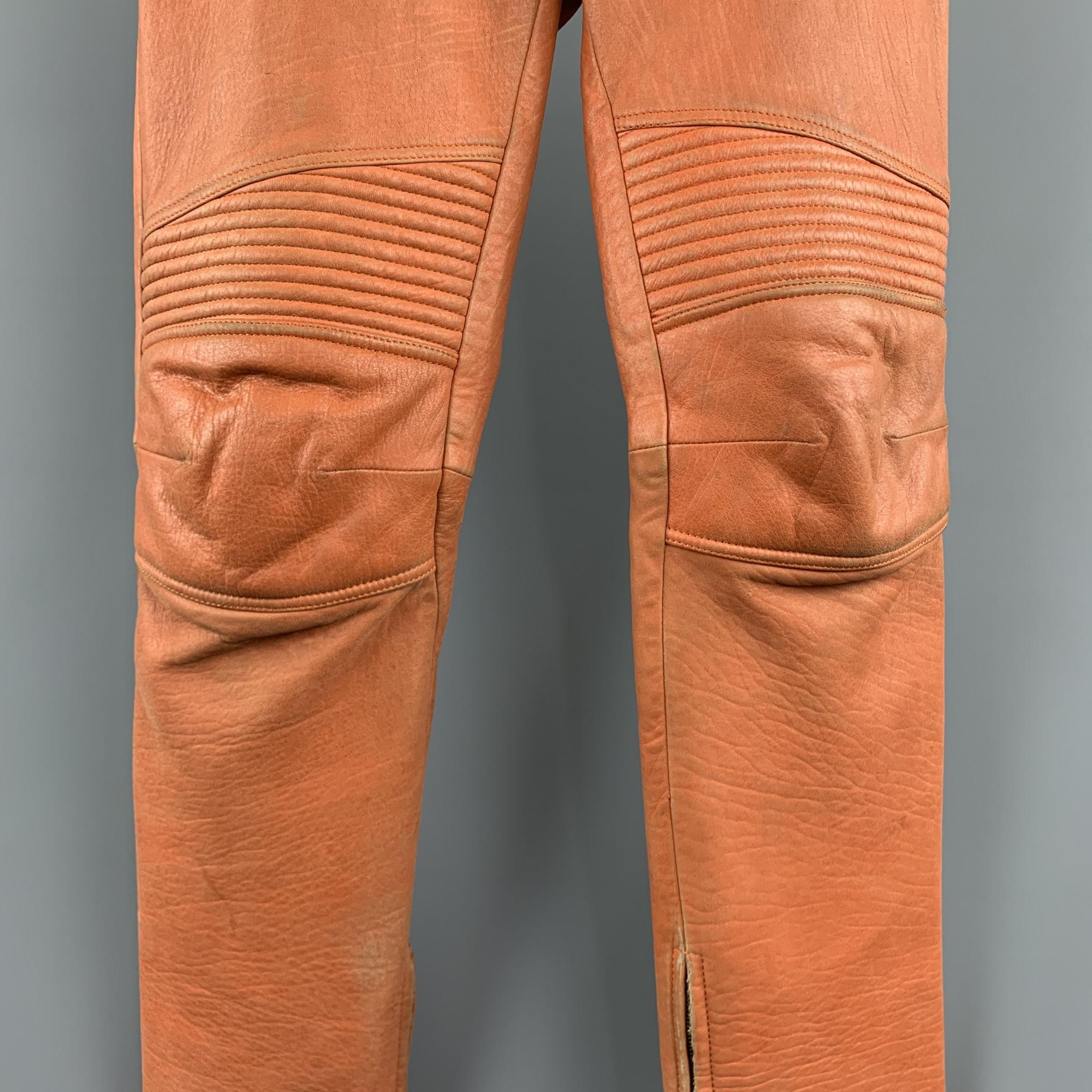 HELMUT LANG Orange Distressed Leather Biker Casual Pants 1