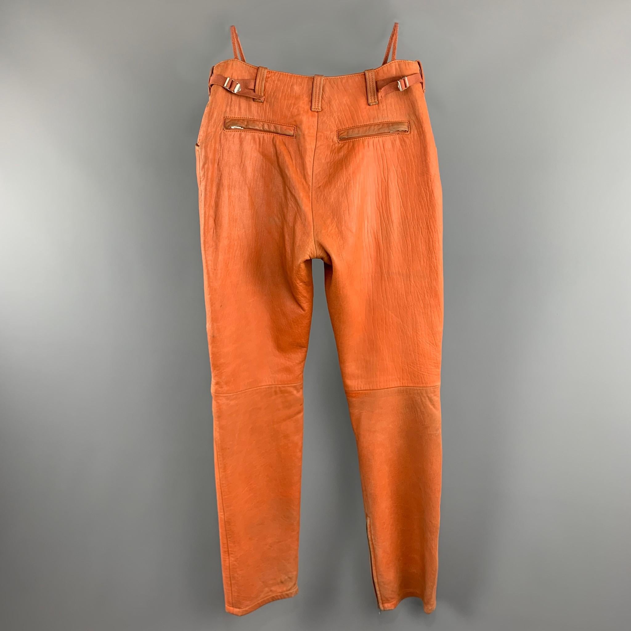 HELMUT LANG Orange Distressed Leather Biker Casual Pants 3