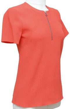 HELMUT LANG Top Orange Short Sleeve Sweater Knit Henley Silver Zipper Sz L
