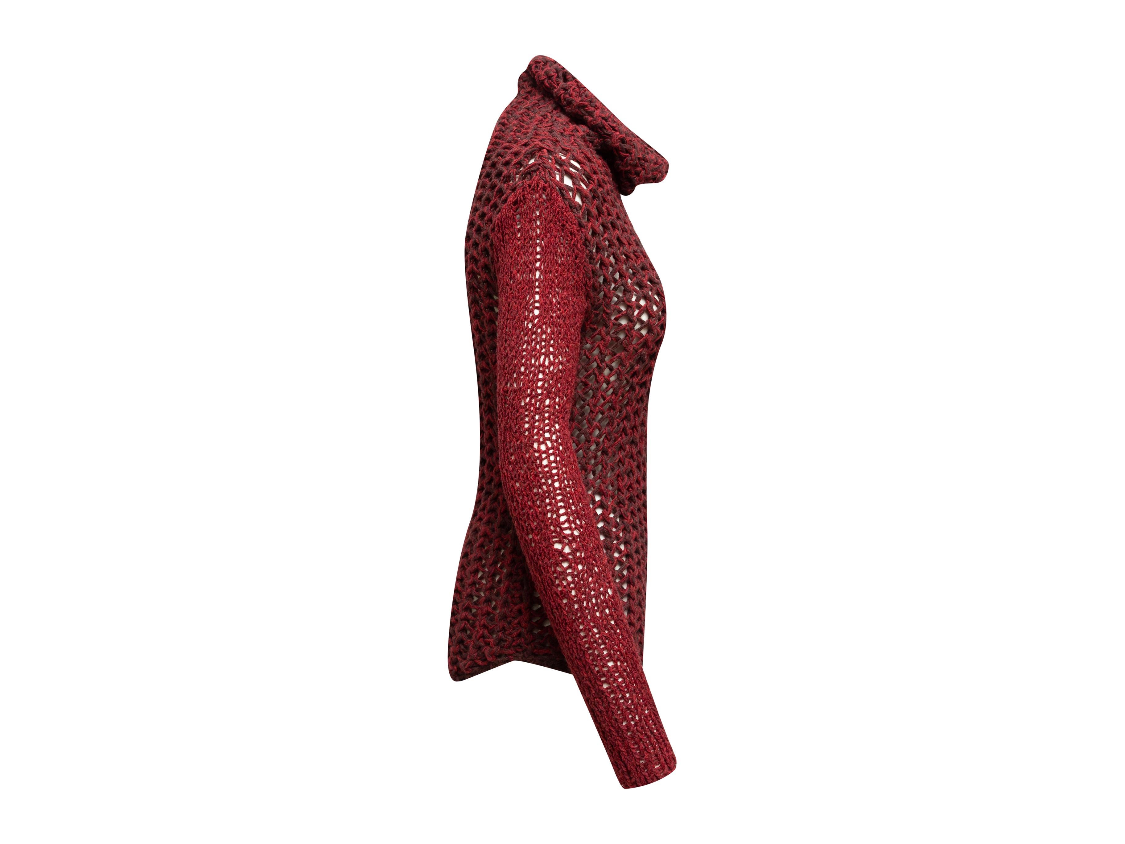 Product details: Red open knit turtleneck sweater by Helmut Lang. Asymmetrical hem. 25