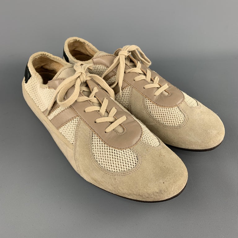 HELMUT LANG Size 11.5 Khaki Suede and Mesh Trainer Sneakers at