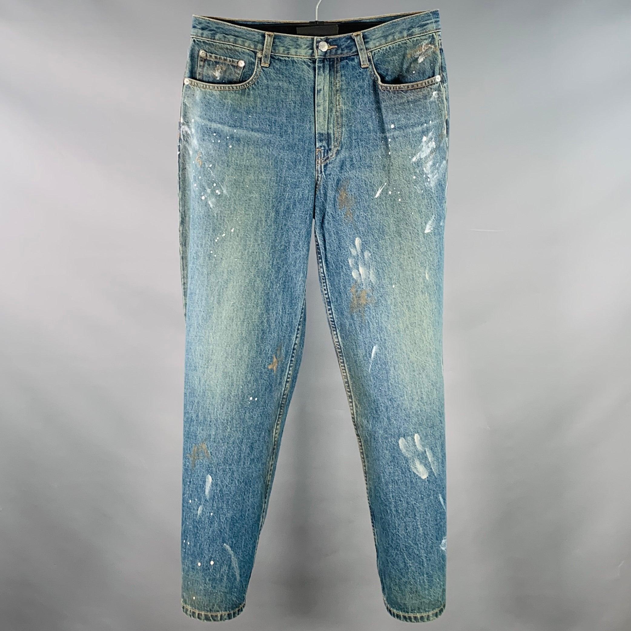 Gris HELMUT LANG Taille 32 Jean croisé à jambes larges Bleu Paint Splatter Coton Ajustable Cinq Poches en vente