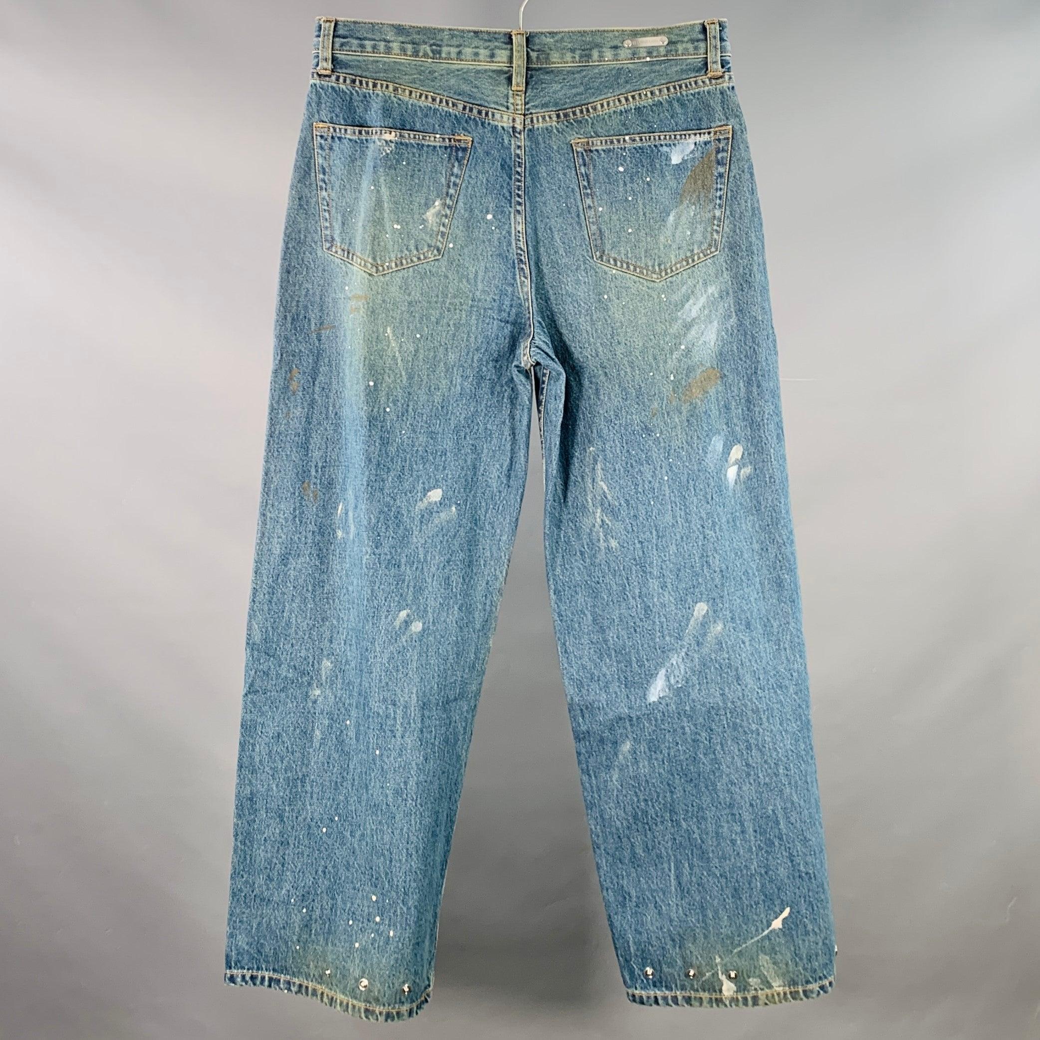 HELMUT LANG Taille 32 Jean croisé à jambes larges Bleu Paint Splatter Coton Ajustable Cinq Poches Excellent état - En vente à San Francisco, CA