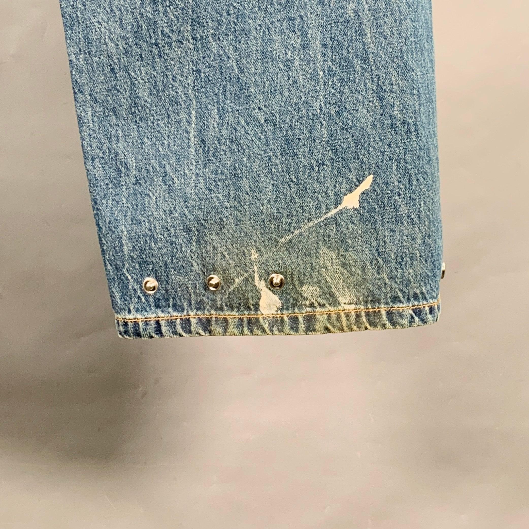 HELMUT LANG Taille 32 Jean croisé à jambes larges Bleu Paint Splatter Coton Ajustable Cinq Poches Pour hommes en vente