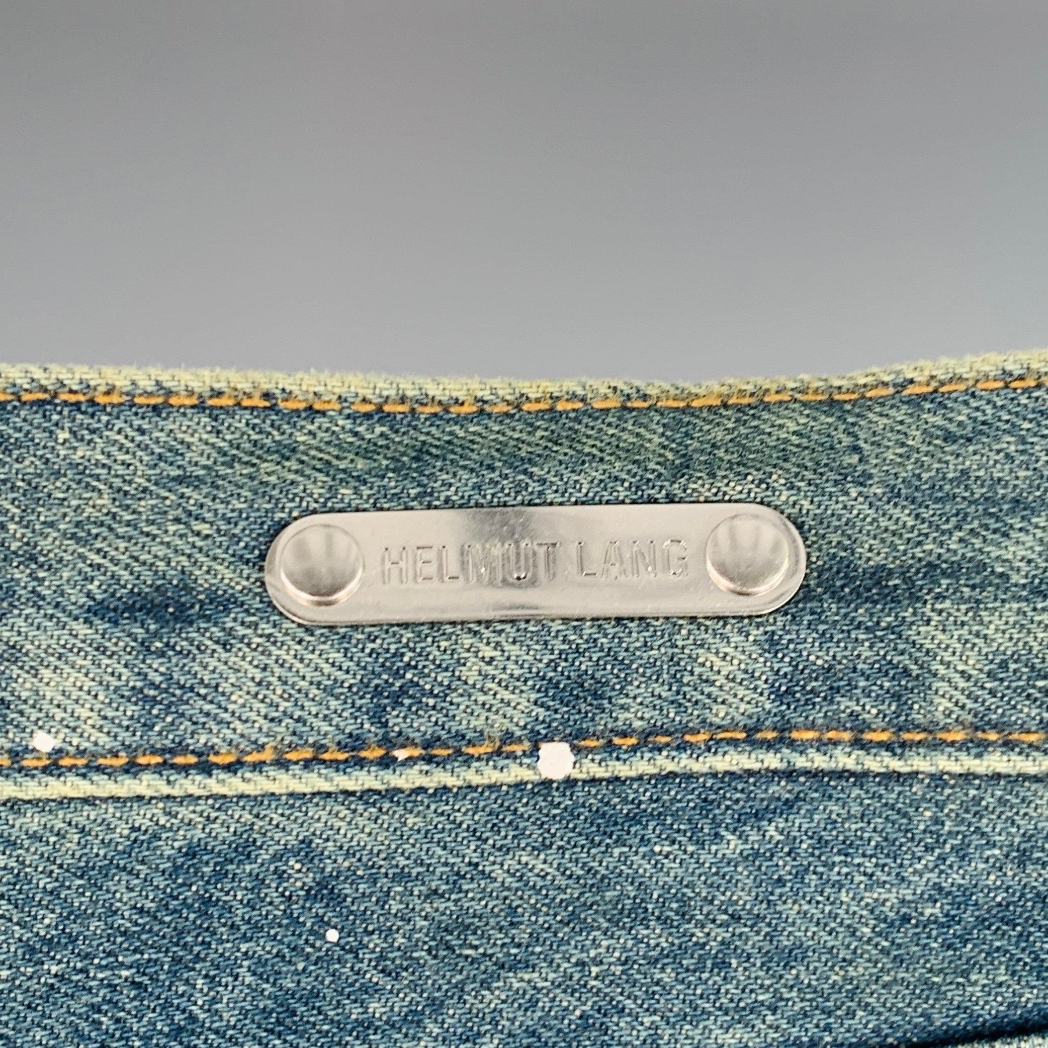 HELMUT LANG Taille 32 Jean croisé à jambes larges Bleu Paint Splatter Coton Ajustable Cinq Poches en vente 1