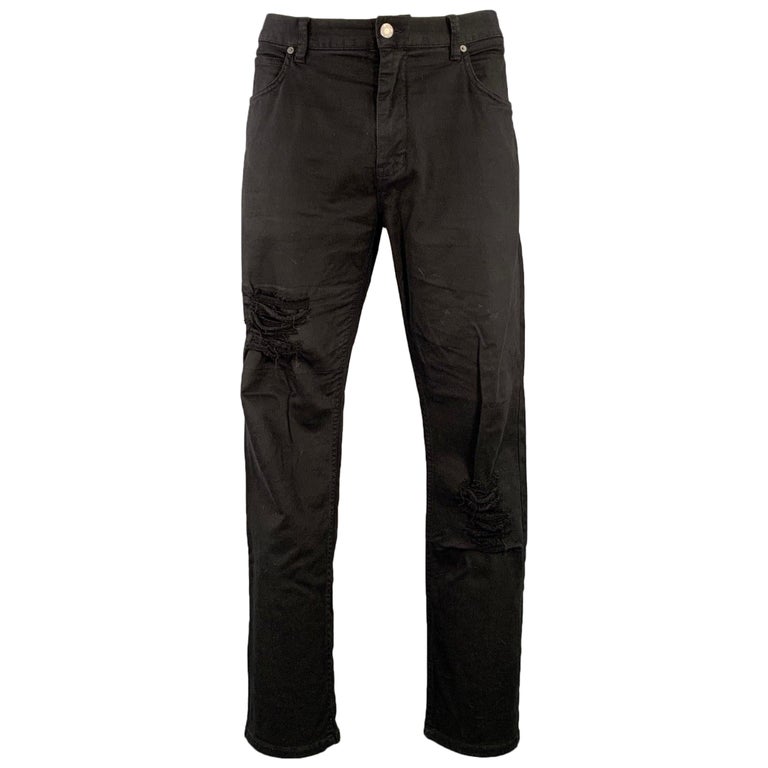HELMUT LANG Size 38 Black Twill Cotton Distressed Jeans For Sale