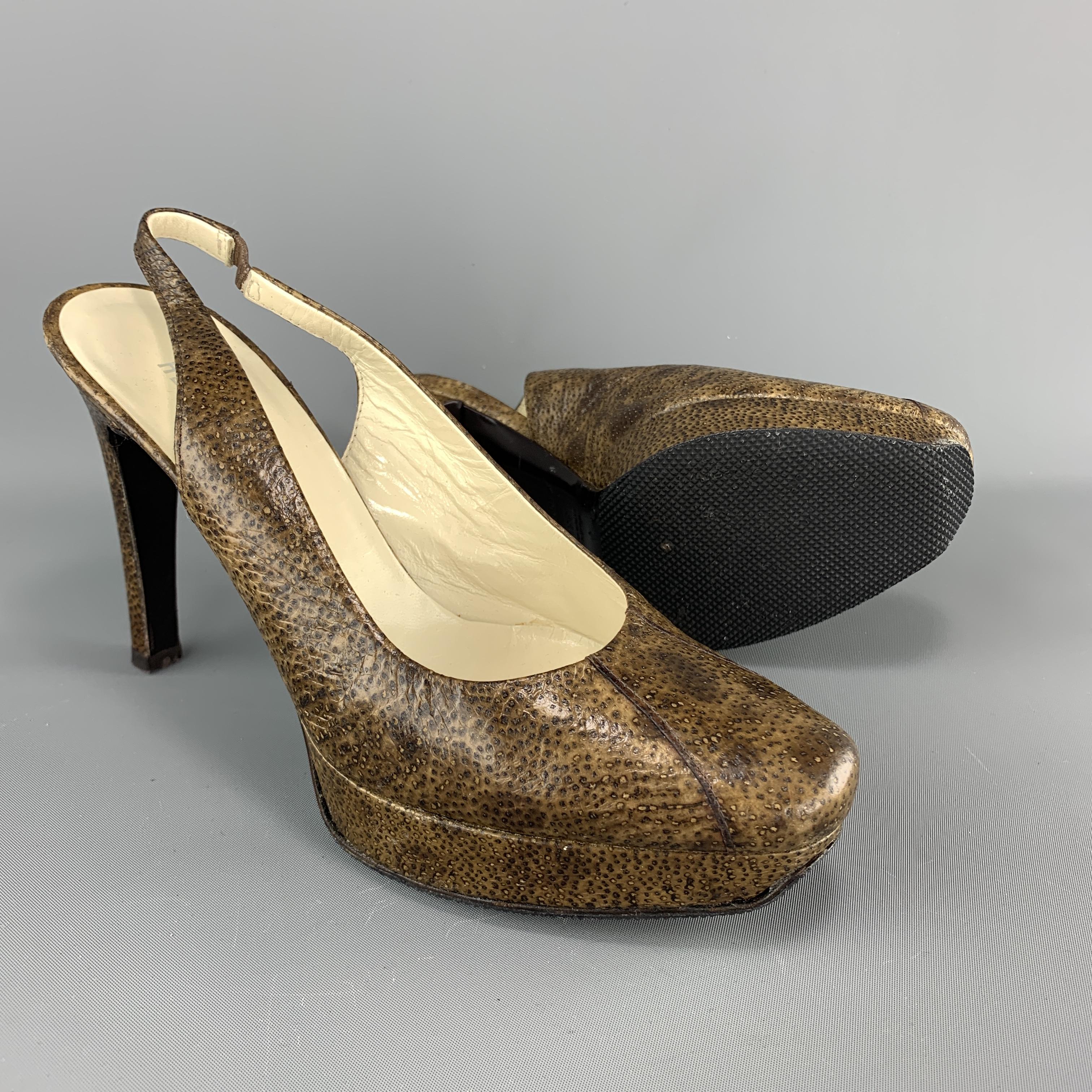 HELMUT LANG Size 5.5 Brown Textured Leather Platform Slingback Pumps In Excellent Condition In San Francisco, CA