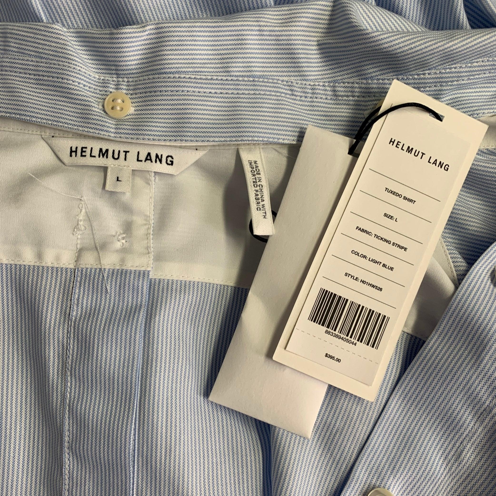 HELMUT LANG Size L Blue White Cotton Stripe Contrast Trim Tuxedo Shirt (Chemise de smoking en coton à rayures contrastées) Pour femmes en vente