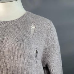 HELMUT LANG Size L Light Grey Wool Yak Cashmere Knit Distressed Crew Neck Sweater