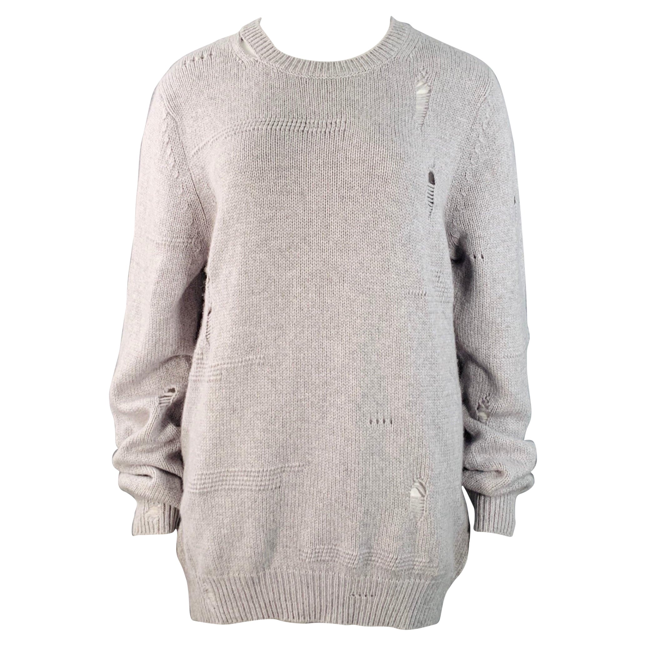 HELMUT LANG Size L Light Grey Wool Yak Cashmere Knit Distressed Crew Neck Sweater