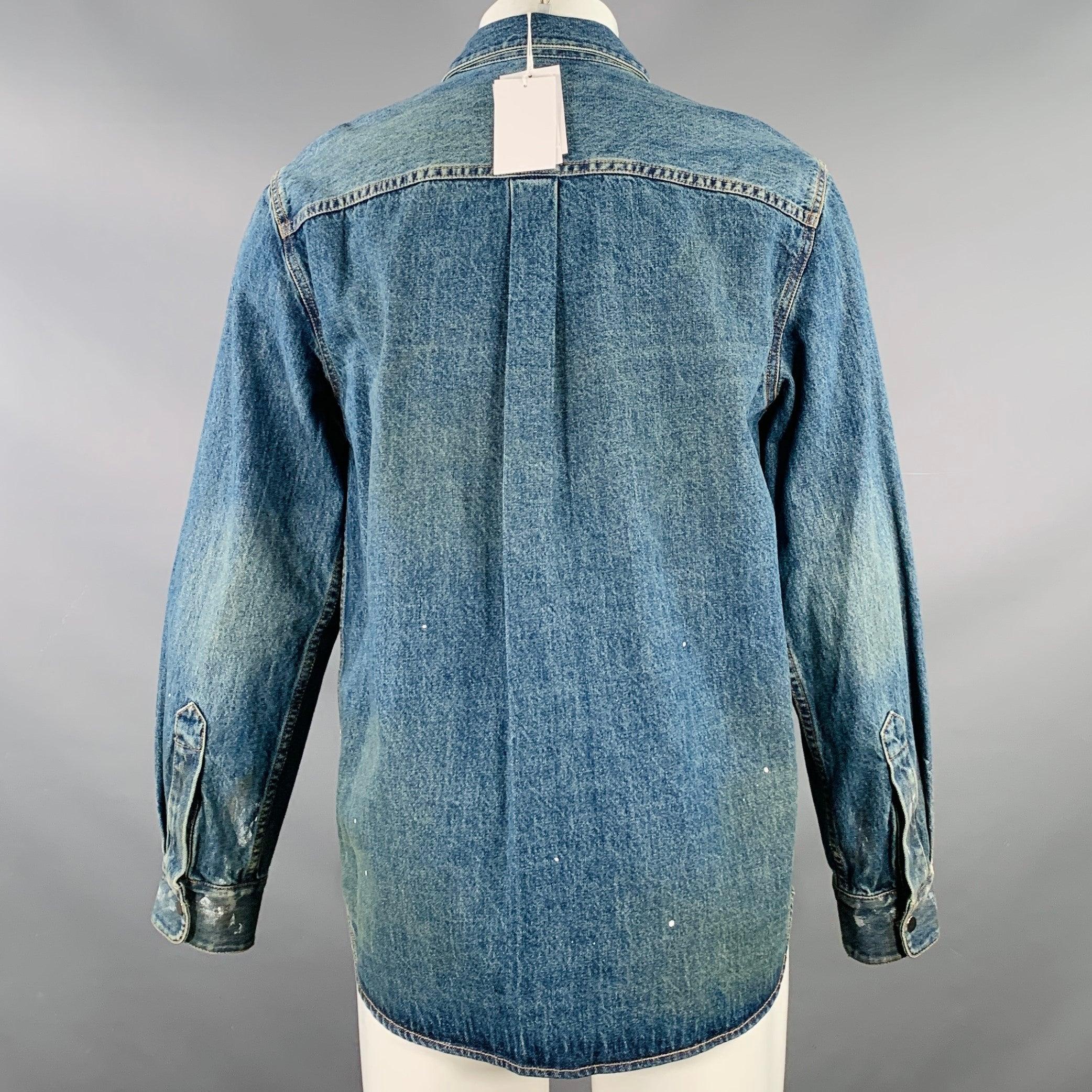 HELMUT LANG Size M Indigo Painter Blue Paint Splatter Cotton Denim One Pocket Long Sleeve Shirt In Excellent Condition In San Francisco, CA