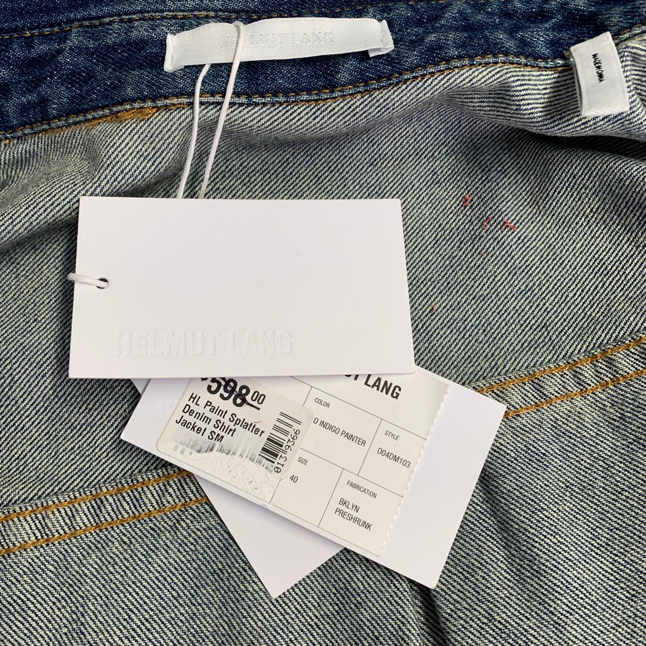 Men's HELMUT LANG Size M Indigo Painter Blue Paint Splatter Cotton Denim One Pocket Long Sleeve Shirt
