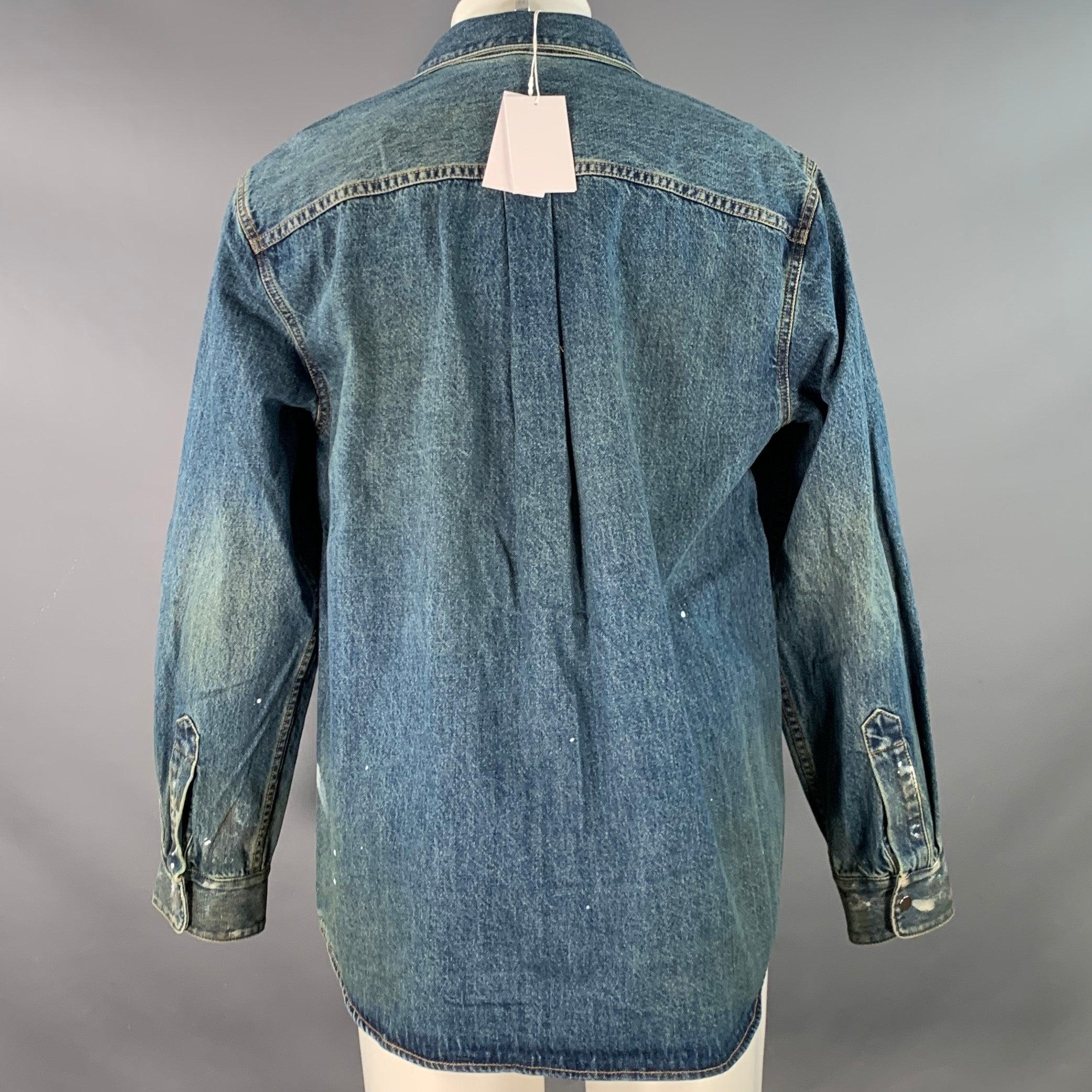 HELMUT LANG Size M Indigo Painter Blue Paint Splatter Cotton One Pocket Snaps Jacket In Excellent Condition For Sale In San Francisco, CA
