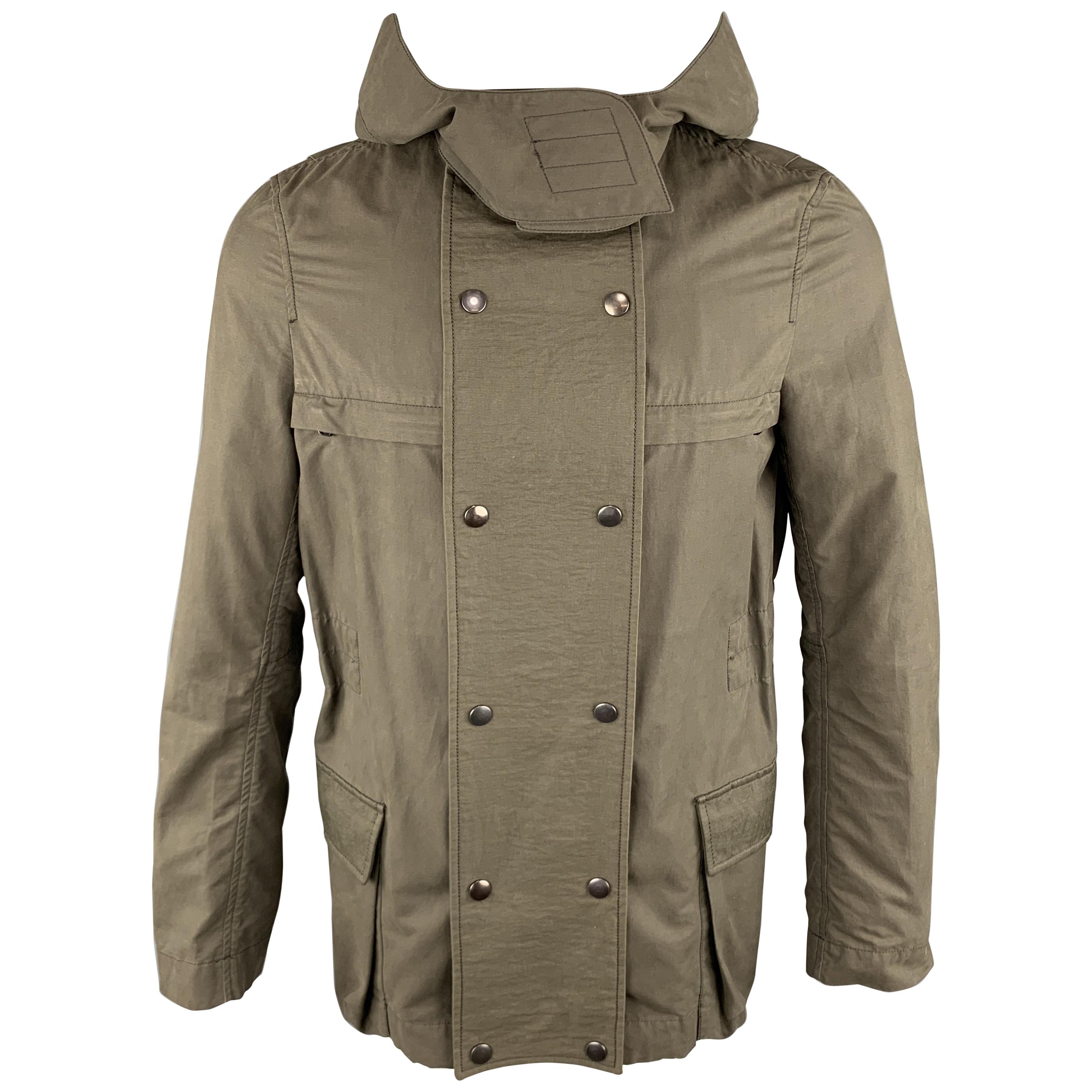 HELMUT LANG Size M Olive Cotton / Nylon Detachable Patch Hooded Jacket