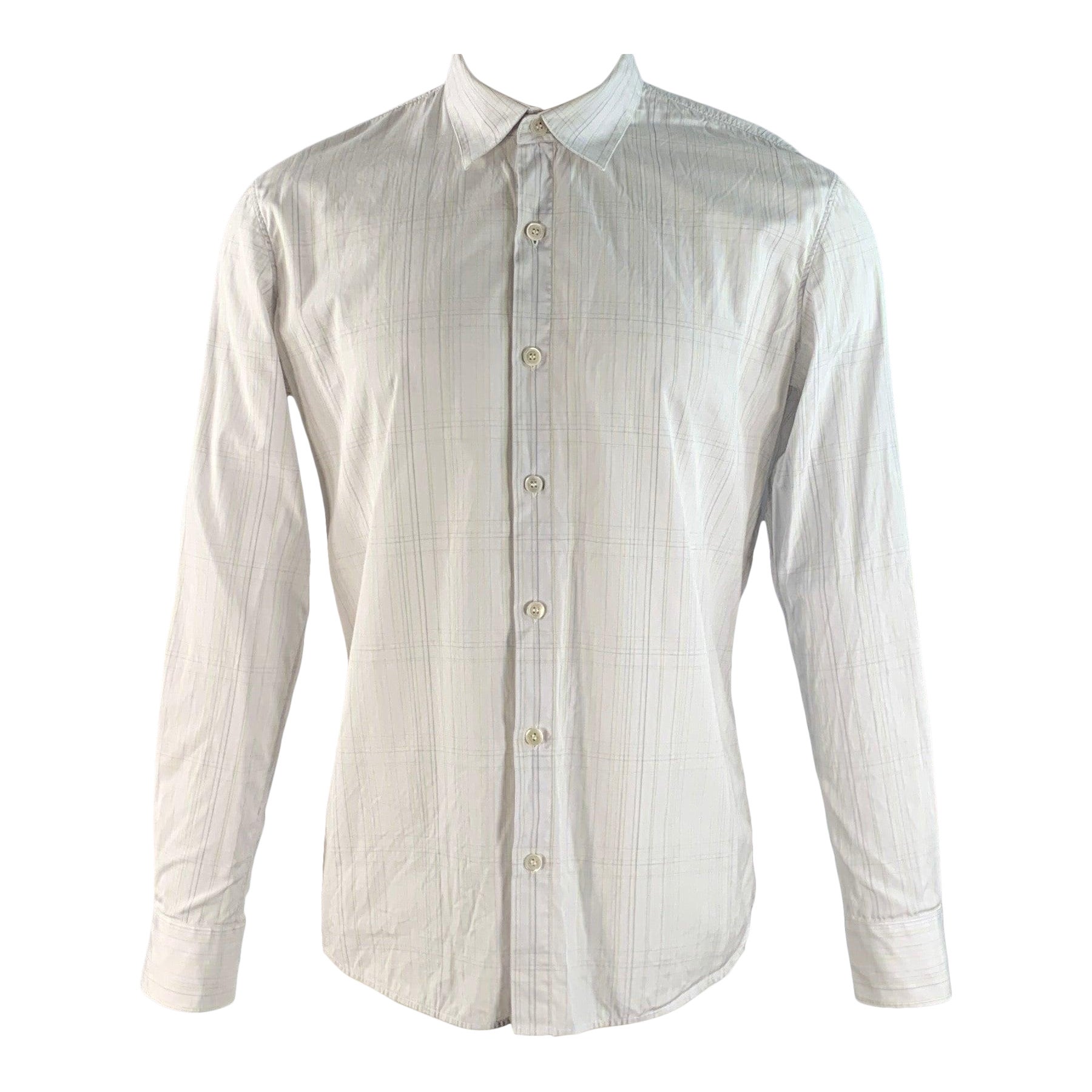 HELMUT LANG Camicia a maniche lunghe in cotone a quadri bianchi e verdi con colletto a punta, taglia M.