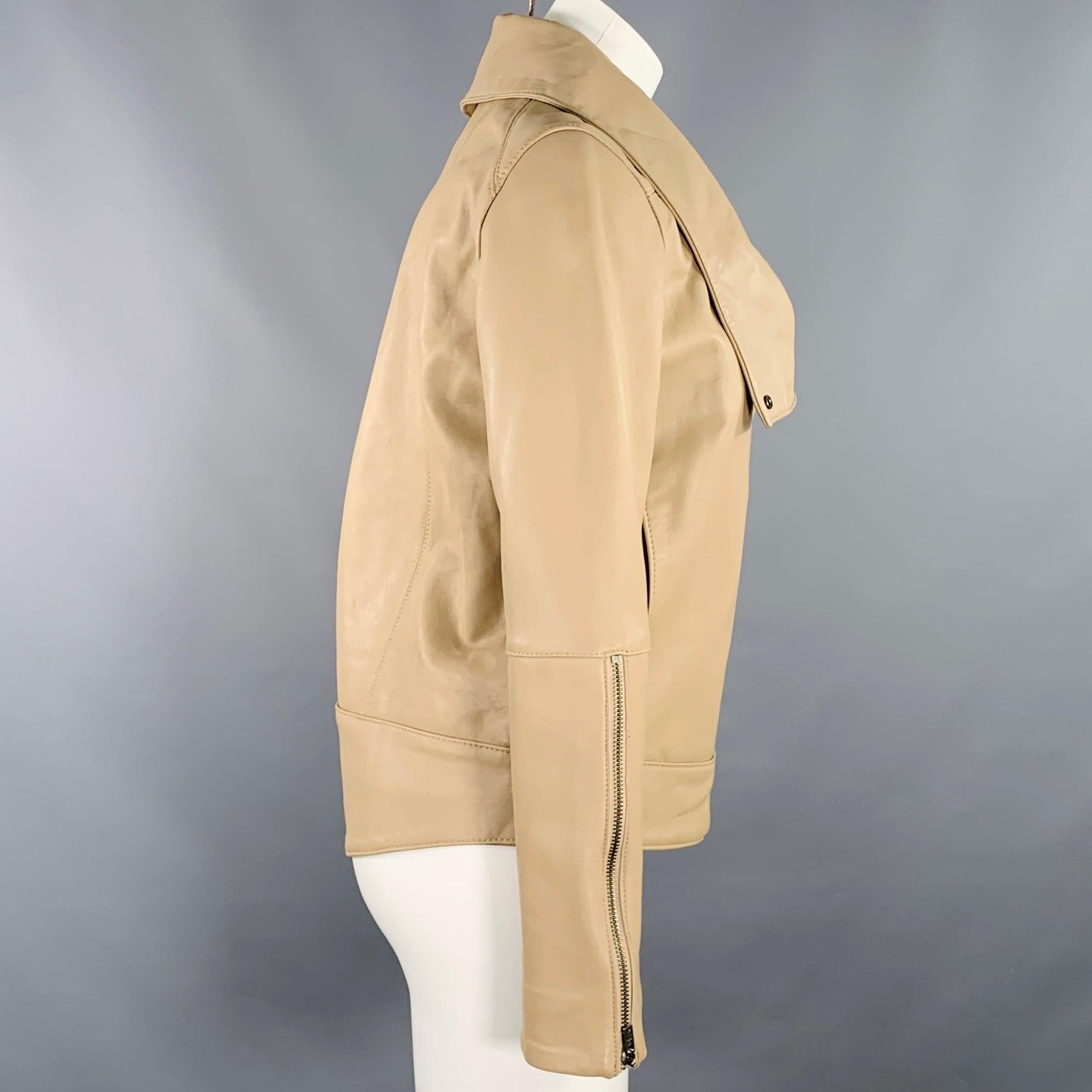 HELMUT LANG jacket
in a beige lambskin leather featuring a motorcycle style, large dramatic lapel, and double hidden zipper closure. Very Good Pre-Owned Condition. Minor signs of wear. 

Marked:   P 

Measurements: 
 
Shoulder: 16.5 inches Bust: 36
