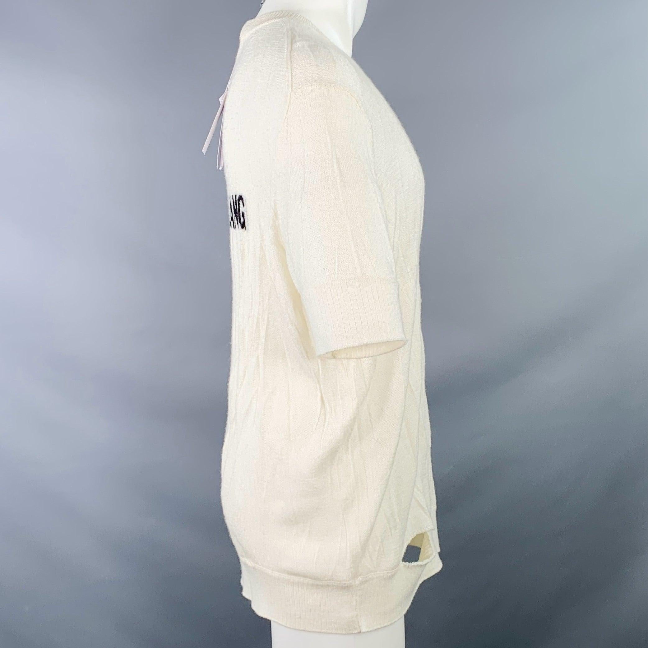 Beige HELMUT LANG Size S Cream Ivory Knit Merino Wool Blend Crushed Short Sleeve T-shirt For Sale