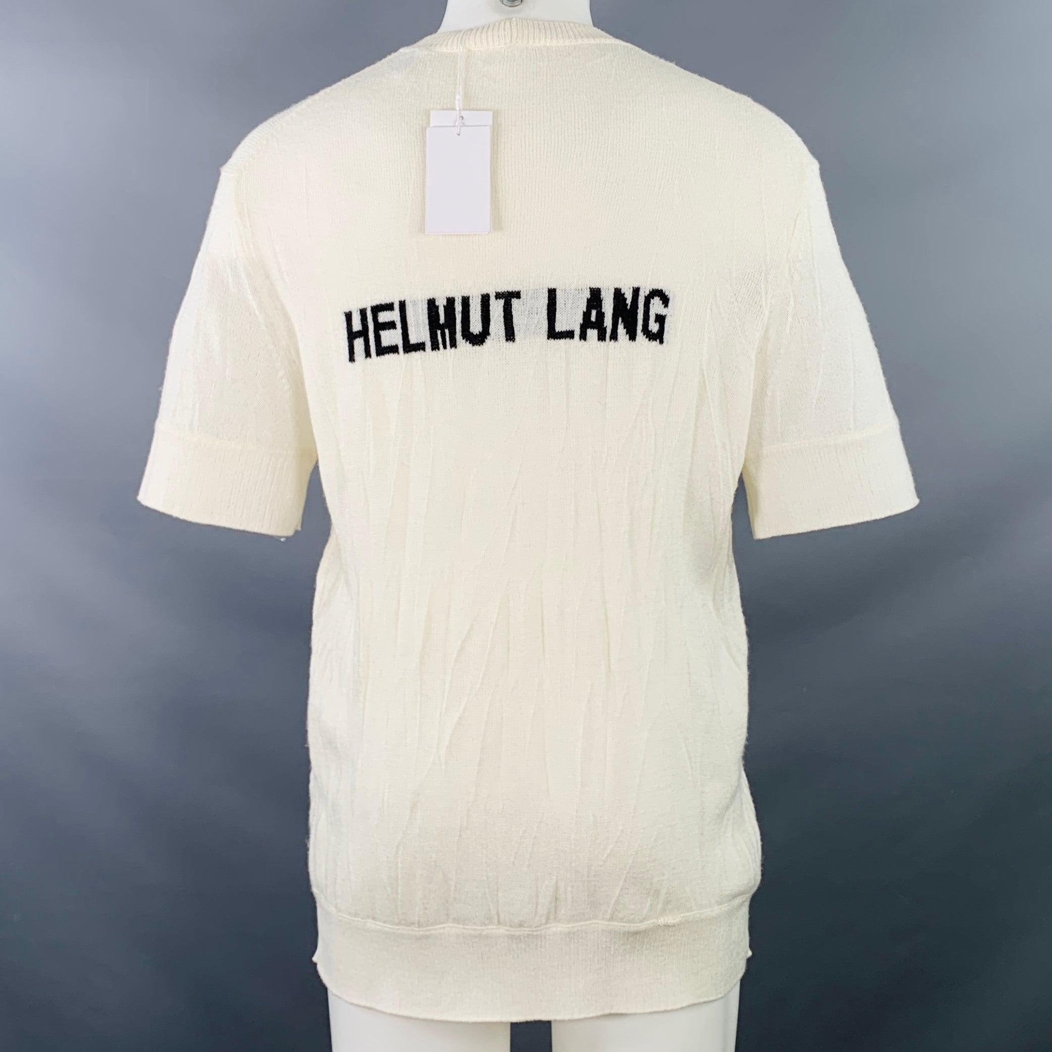 HELMUT LANG Size S Cream Ivory Knit Merino Wool Blend Crushed Short Sleeve T-shirt In Excellent Condition For Sale In San Francisco, CA
