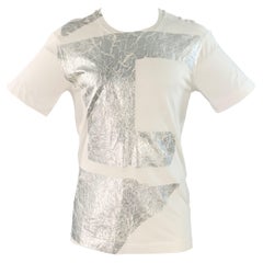 HELMUT LANG Size S White Silver Distressed Graphic Cotton Blend Crew Neck T-shirt