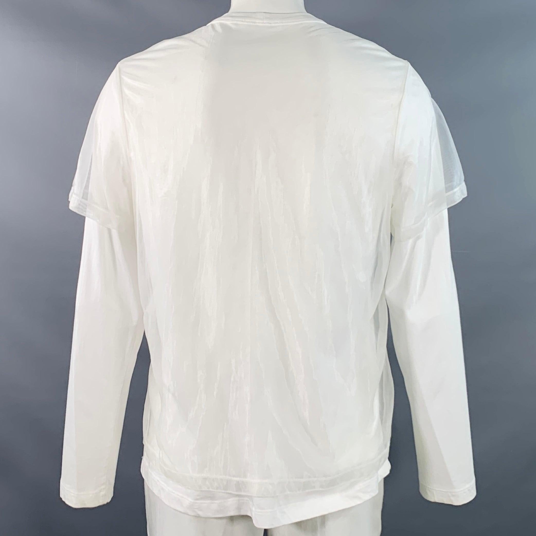 Gray HELMUT LANG Size XL White Cotton Blend Chiffon Double Layer Crew Neck Pullover For Sale