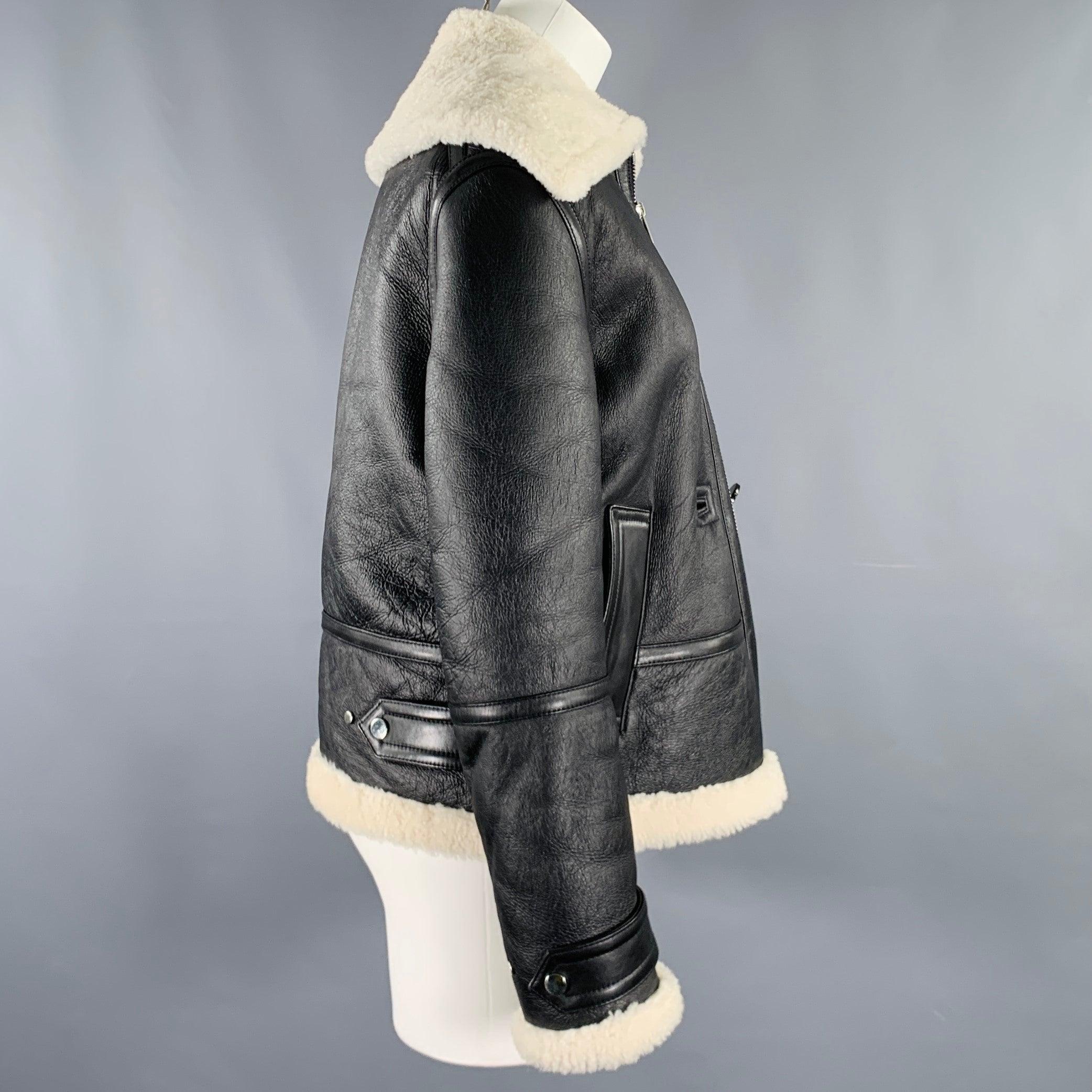 HELMUT LANG Size XS Black Cream Lambskin Leather Shearling Bomber Jacket In Excellent Condition In San Francisco, CA