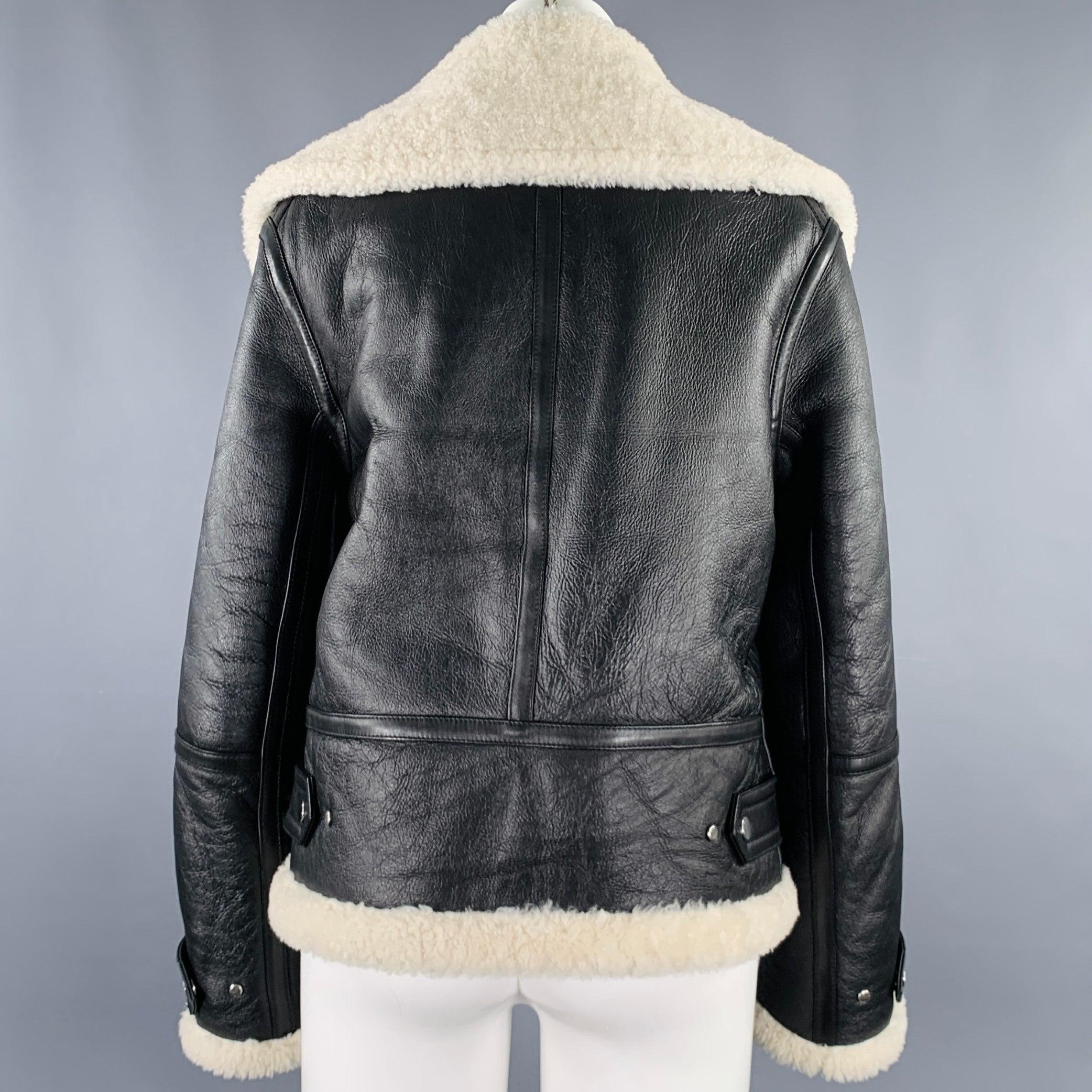 Women's HELMUT LANG Size XS Black Cream Lambskin Leather Shearling Bomber Jacket