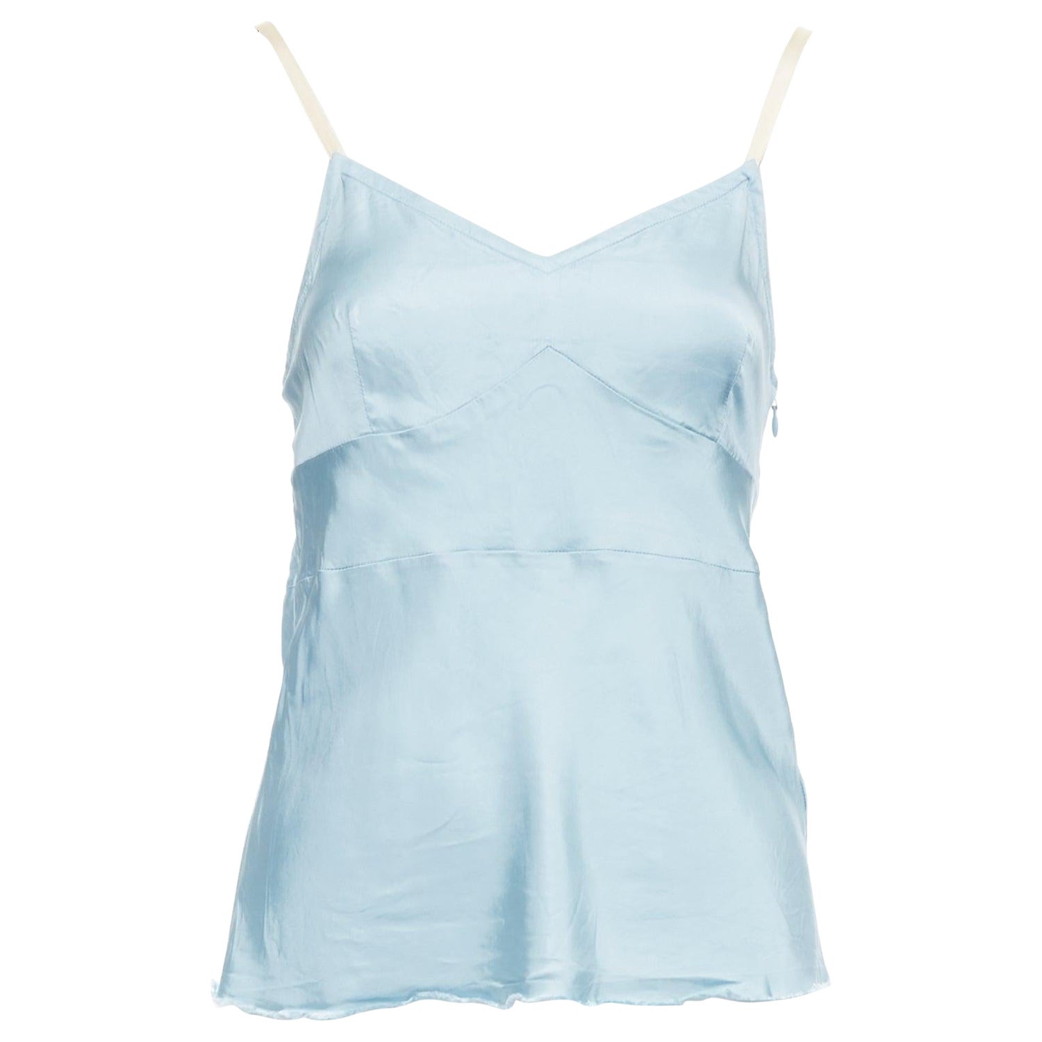 HELMUT LANG sky blue viscose distressed hem ribbon strap camisole US0 XS