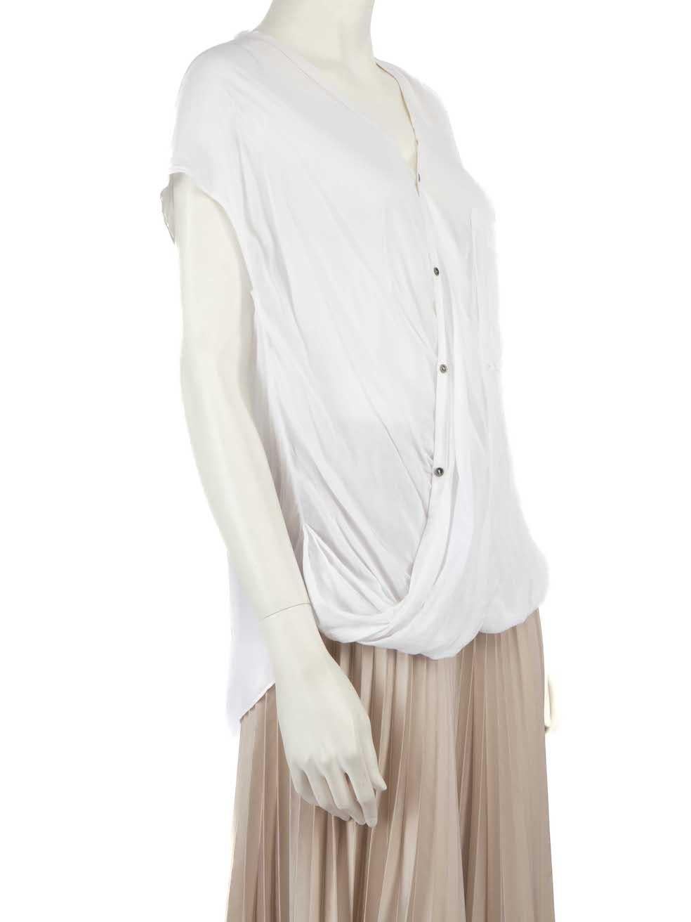 CONDITION is Very good. Hardly any visible wear to blouse is evident on this used Helmut Lang designer resale item.
 
 
 
 
 Details
 
 
 White
 
 Viscose
 
 Top
 
 Sheer
 
 Short sleeves
 
 Front draped detail
 
 Button up fastening
 
 V-neck
 
