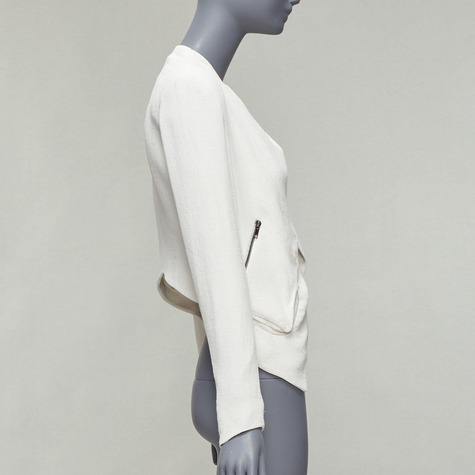 HELMUT LANG white lambskin leather trim asymmetric zip biker jacket US0 XS In Fair Condition For Sale In Hong Kong, NT