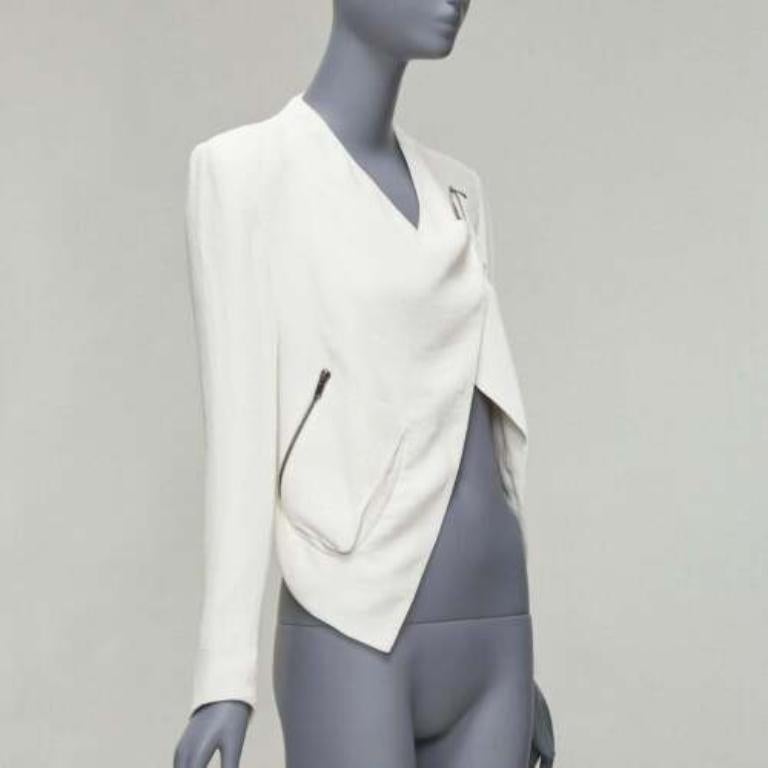 Gray HELMUT LANG white lambskin leather trim asymmetric zip biker jacket US0 XS For Sale