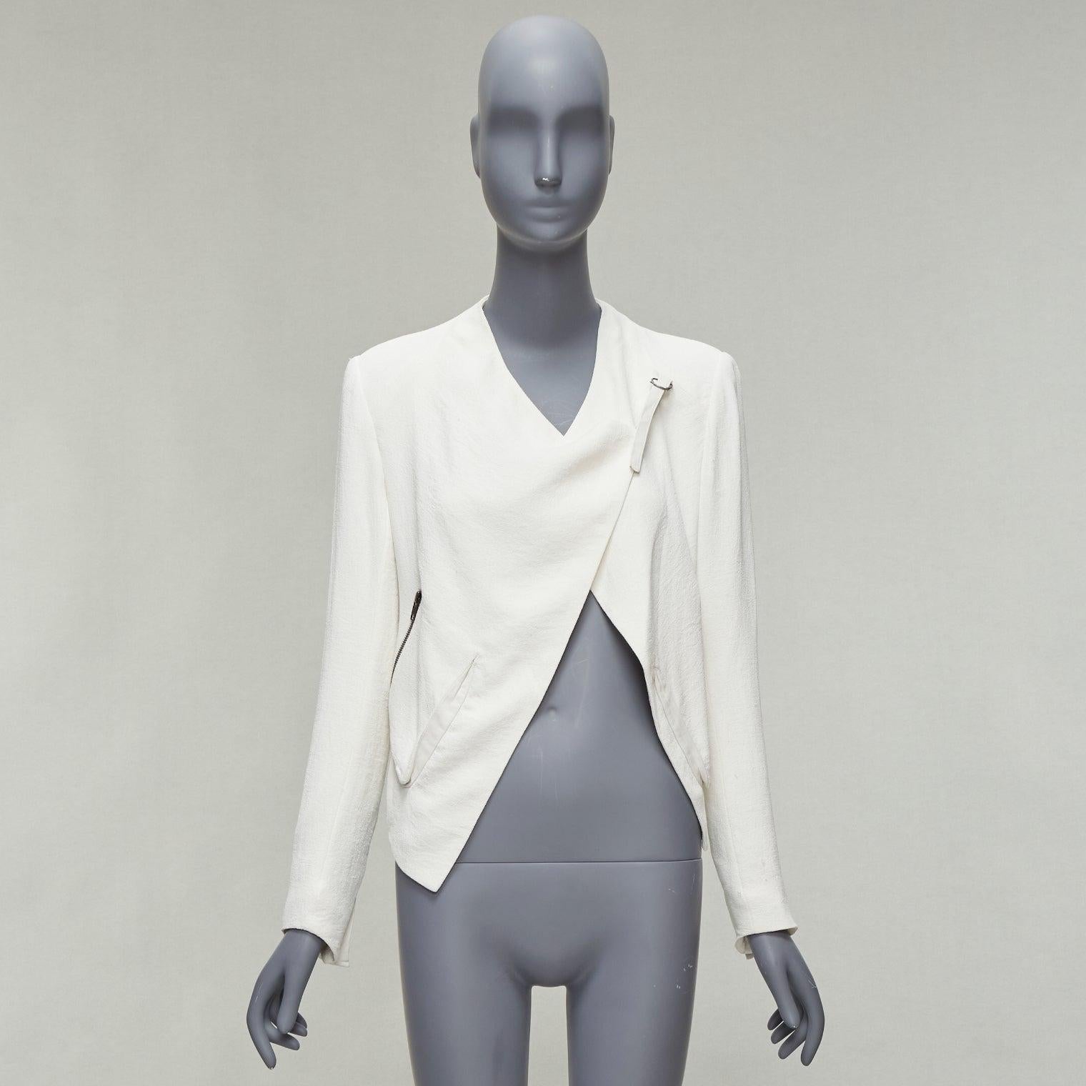 HELMUT LANG white lambskin leather trim asymmetric zip biker jacket US0 XS 4