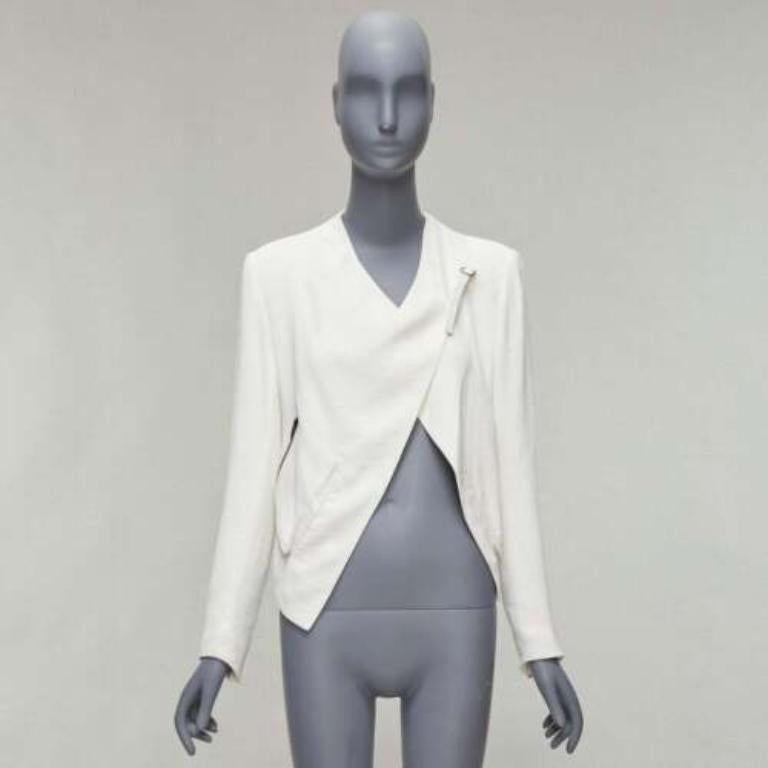 HELMUT LANG white lambskin leather trim asymmetric zip biker jacket US0 XS For Sale 4