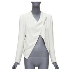 HELMUT LANG white lambskin leather trim asymmetric zip biker jacket US0 XS
