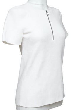 HELMUT LANG  Sweater White Short Sleeve Knit Top Henley Silver Zipper Sz L