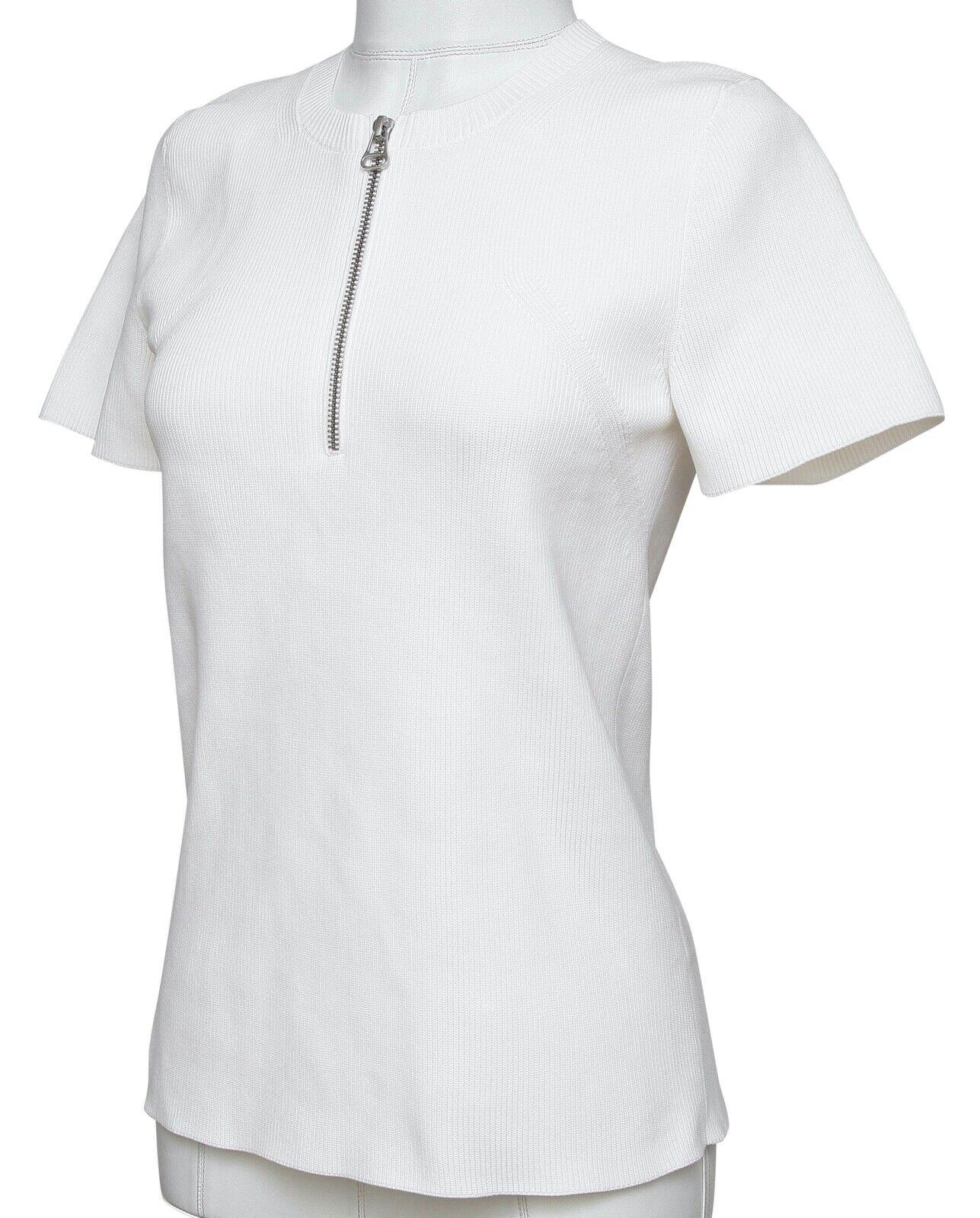 Gray HELMUT LANG  Sweater White Short Sleeve Knit Top Henley Silver Zipper Sz L For Sale