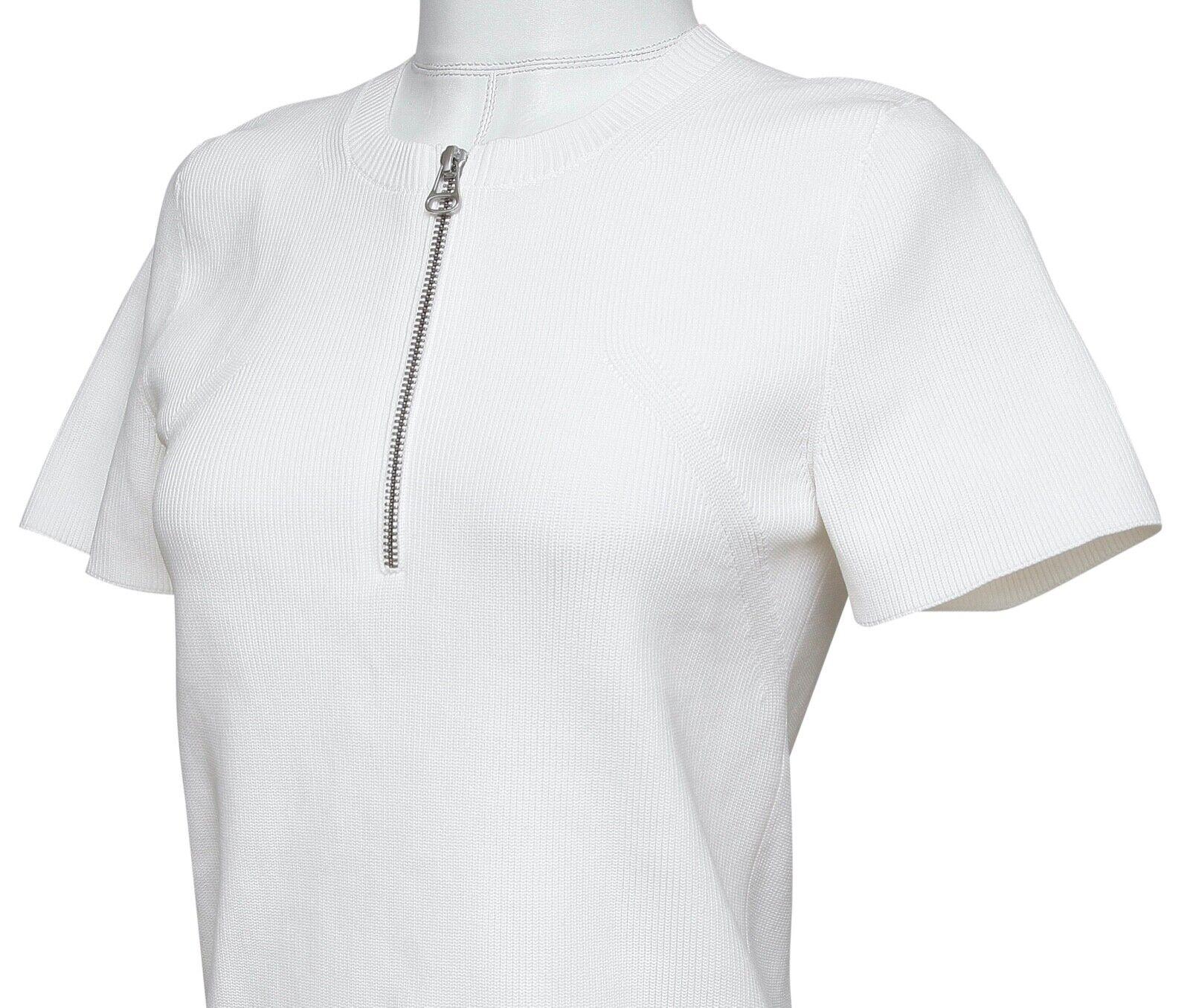 HELMUT LANG  Sweater White Short Sleeve Knit Top Henley Silver Zipper Sz L For Sale 1