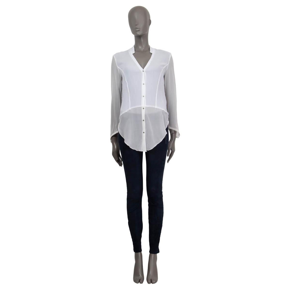 100% authentic Helmut Lang sheer crinkled button down shirt in white and off-white viscose (100%). Features buttoned cuffs, a asymmetric hemline and a v-neck. Opens with six silver metal buttons on the front. Unlined. Has been worn and is in