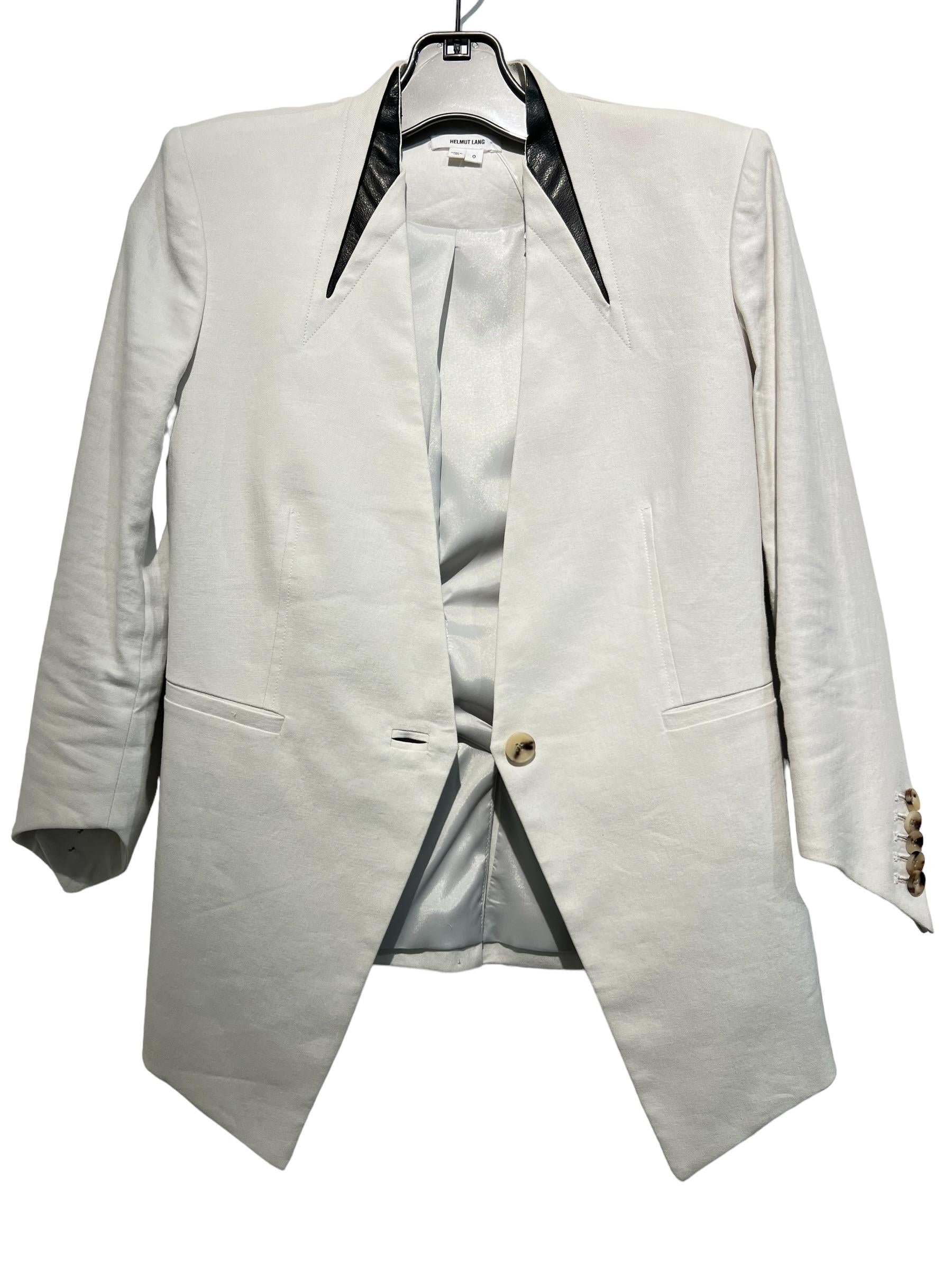Helmut Lang Women´s V Neck Button Down Jacket with Leather Trim, Buttons on Sleeves and 2 Pockets