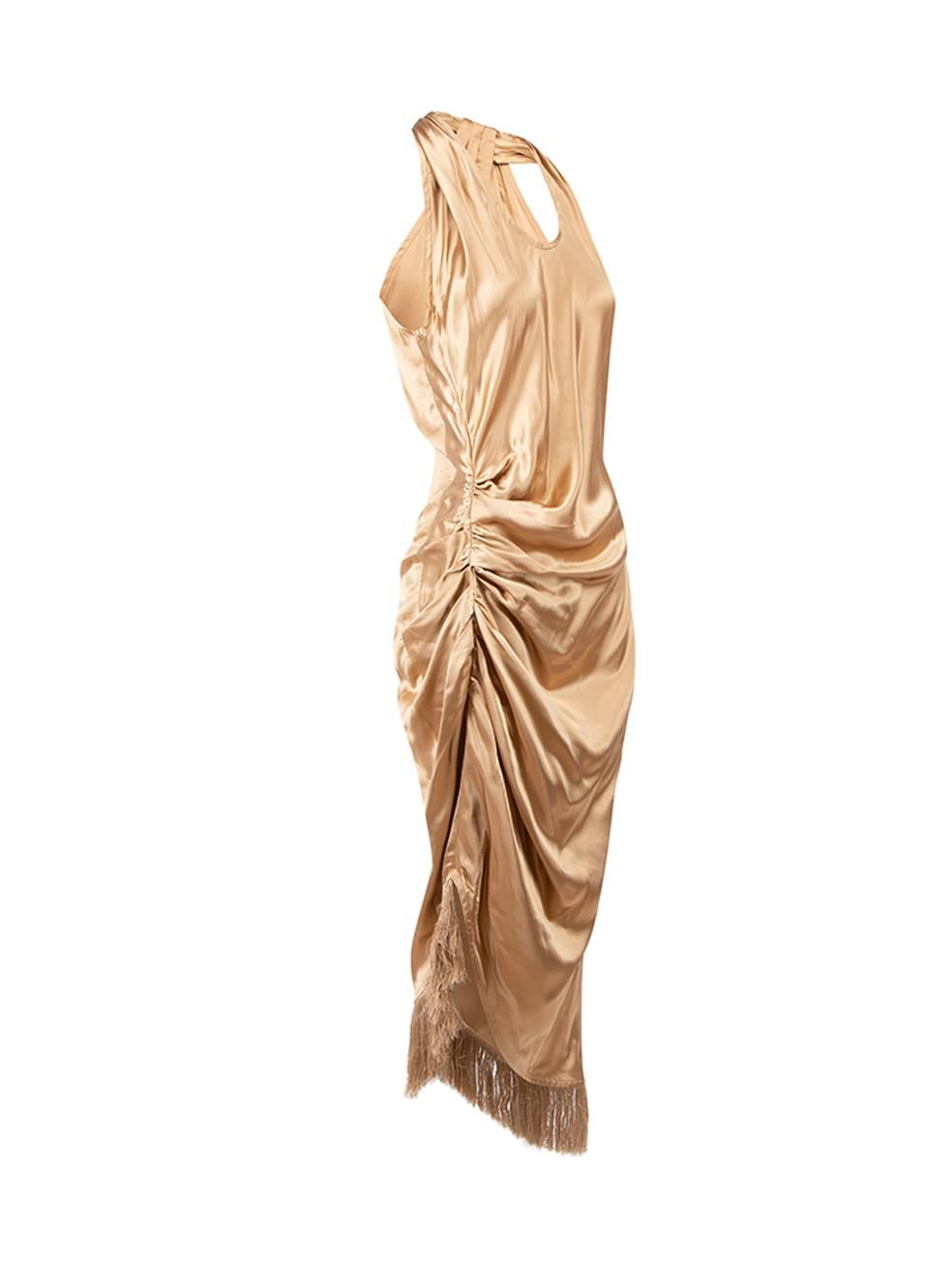 CONDITION is Very good. Hardly any visible wear to dress is evident on this used Helmut Lang designer resale item. 



Details


Gold

Viscose

Midi dress

Asymmetric and ruched design

Halter- round neckline

Side zip closure

Fringed