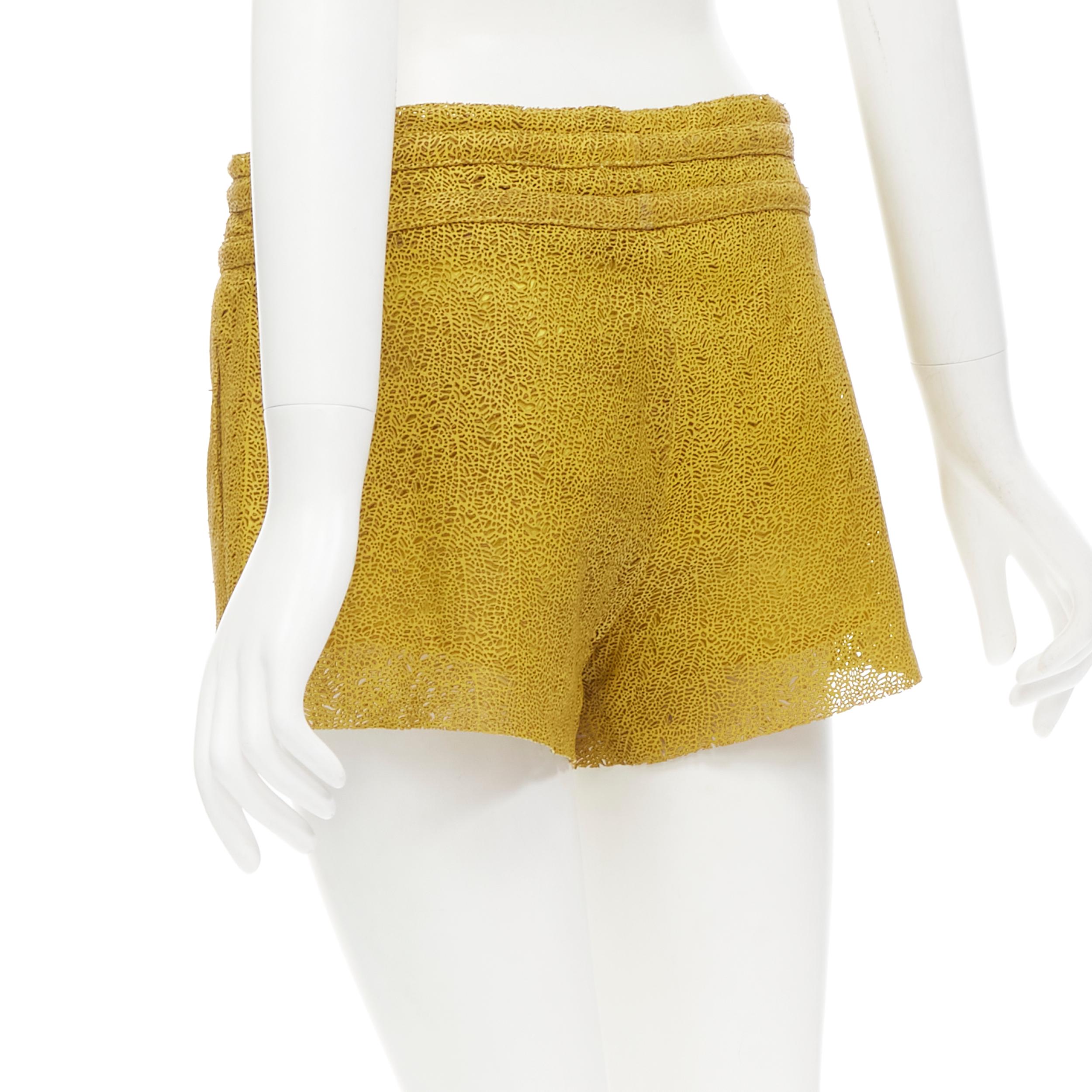 Yellow HELMUT LANG yellow laser cut leather lined shorts S For Sale