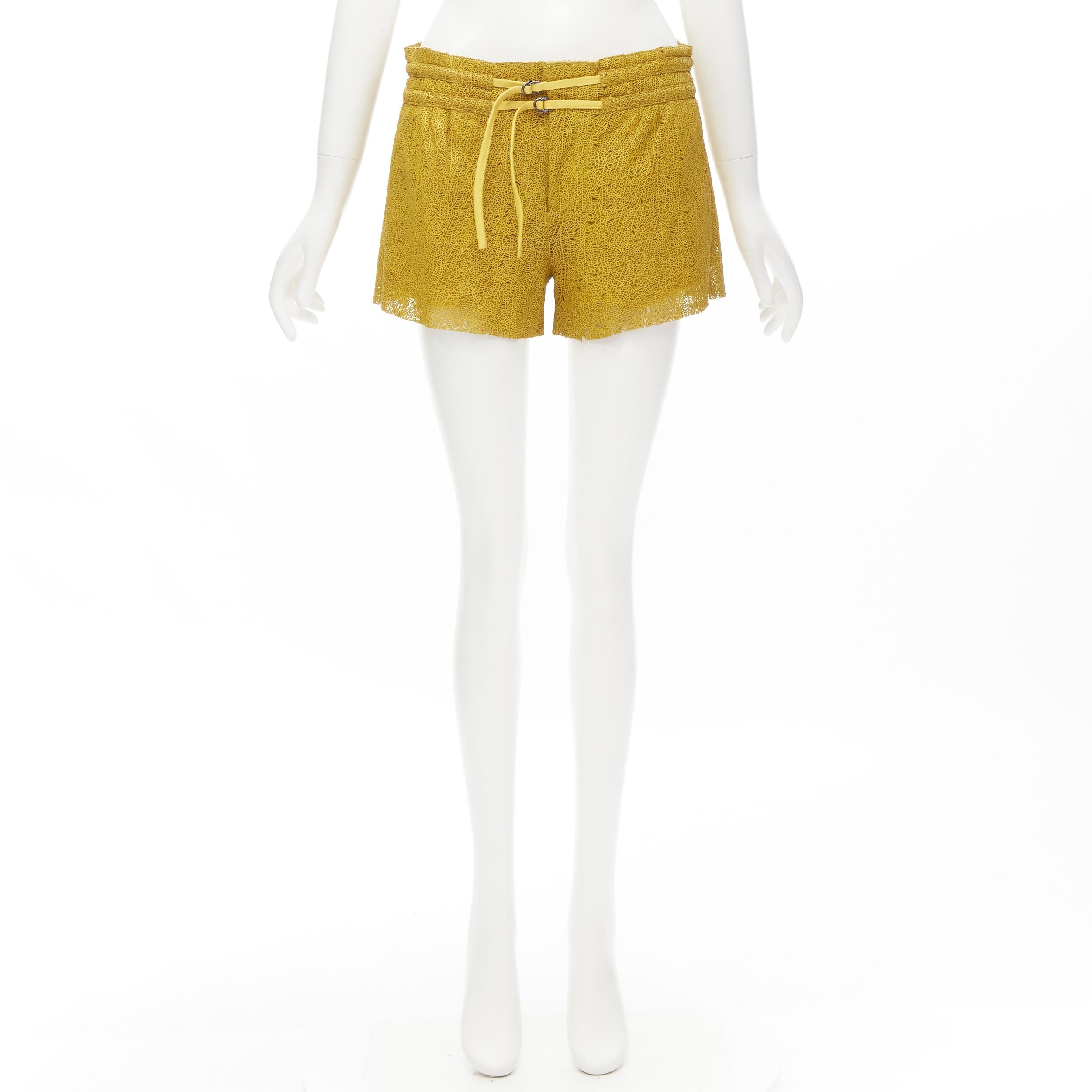 HELMUT LANG yellow laser cut leather lined shorts S For Sale 1