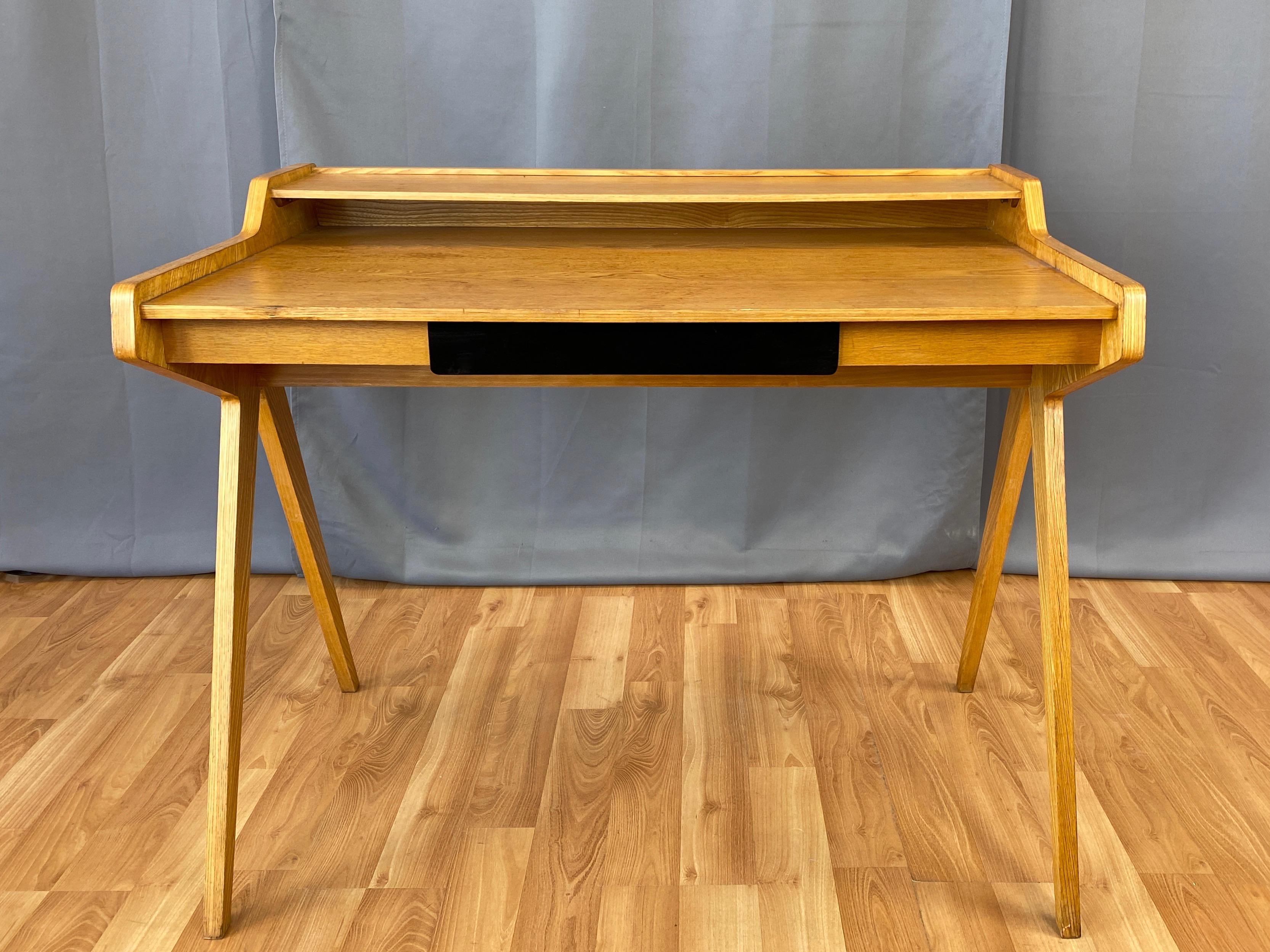 Mid-Century Modern Helmut Magg for WK Möbel Elm Compass Leg Desk with Drawer and Cubby, 1950s