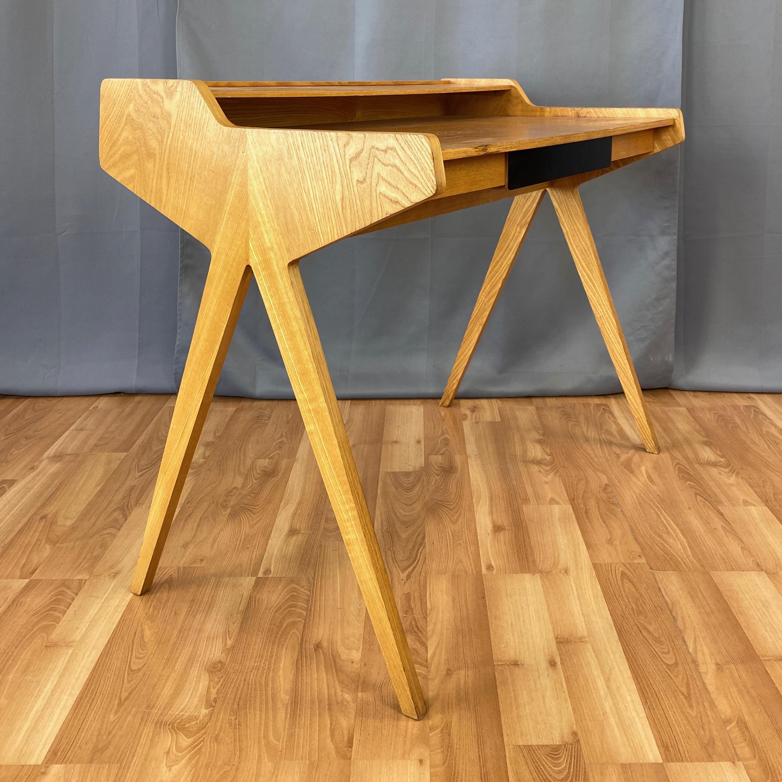Veneer Helmut Magg for WK Möbel Elm Compass Leg Desk with Drawer and Cubby, 1950s