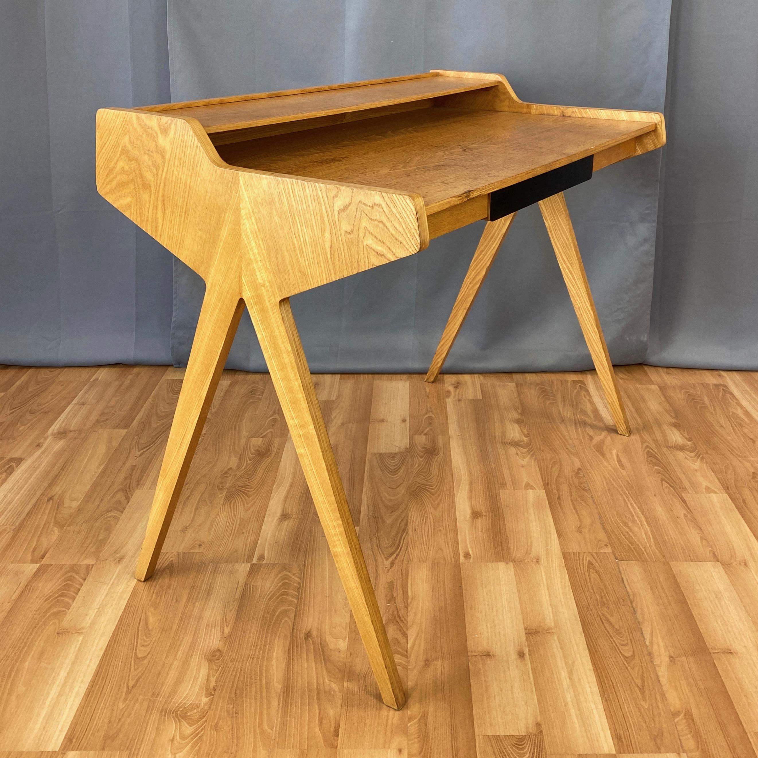 Helmut Magg for WK Möbel Elm Compass Leg Desk with Drawer and Cubby, 1950s In Good Condition In San Francisco, CA