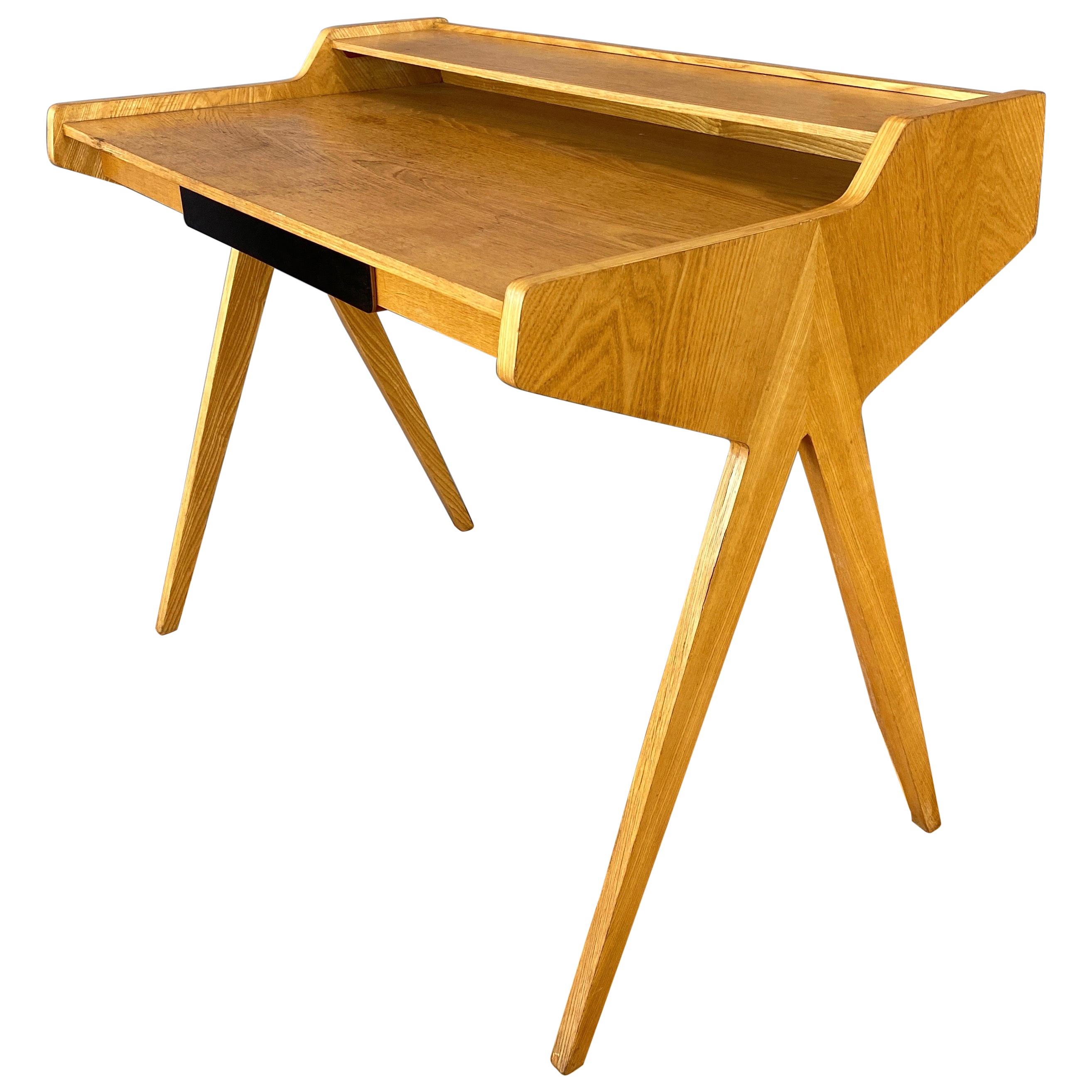 Helmut Magg for WK Möbel Elm Compass Leg Desk with Drawer and Cubby, 1950s
